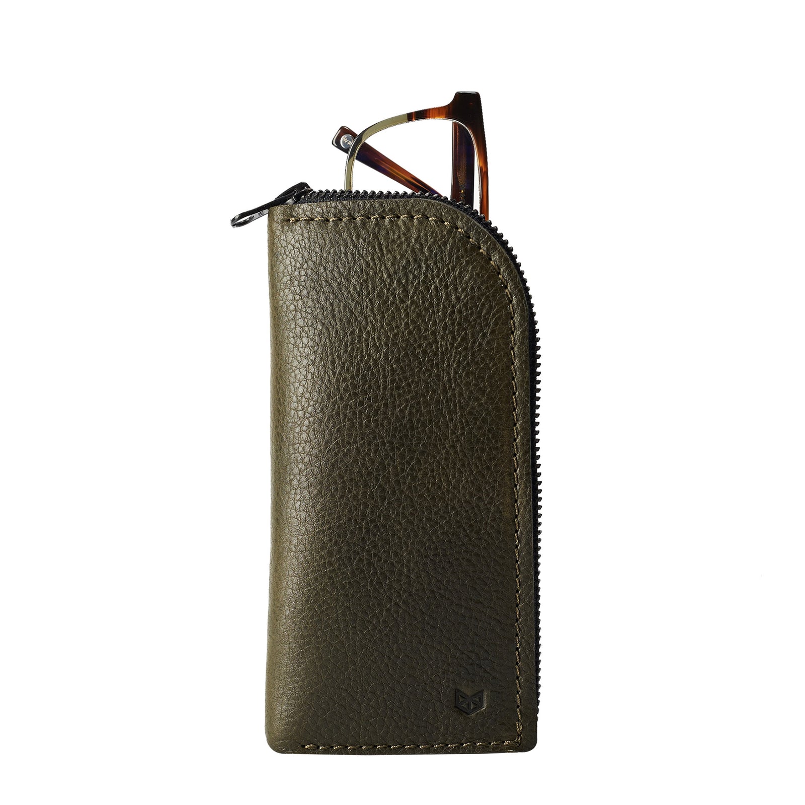 Green leather glasses case for men. Custom handmade leather sleeve for mens glasses