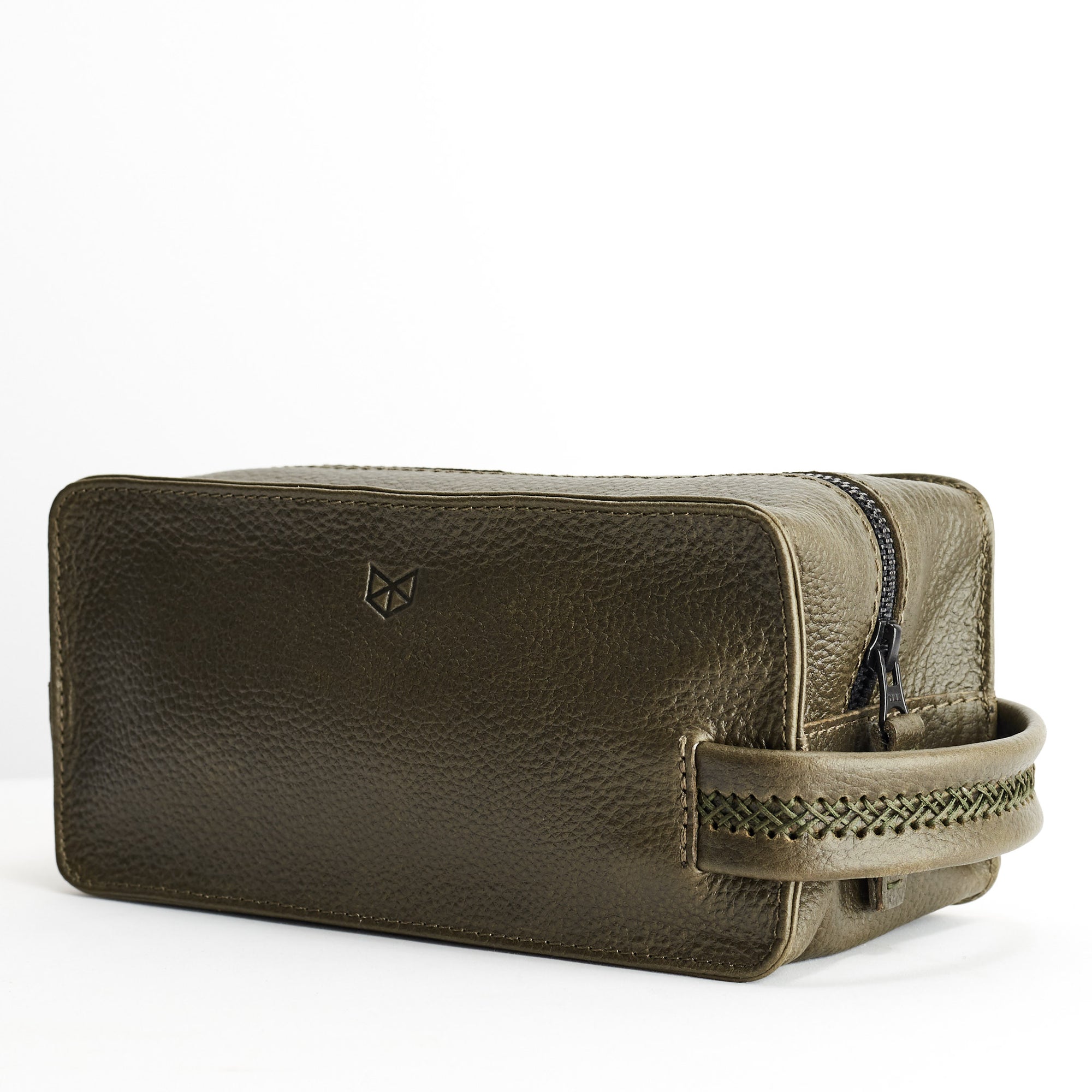 Side. Green leather toiletry, shaving bag with hand stitched handle. Groomsmen gifts