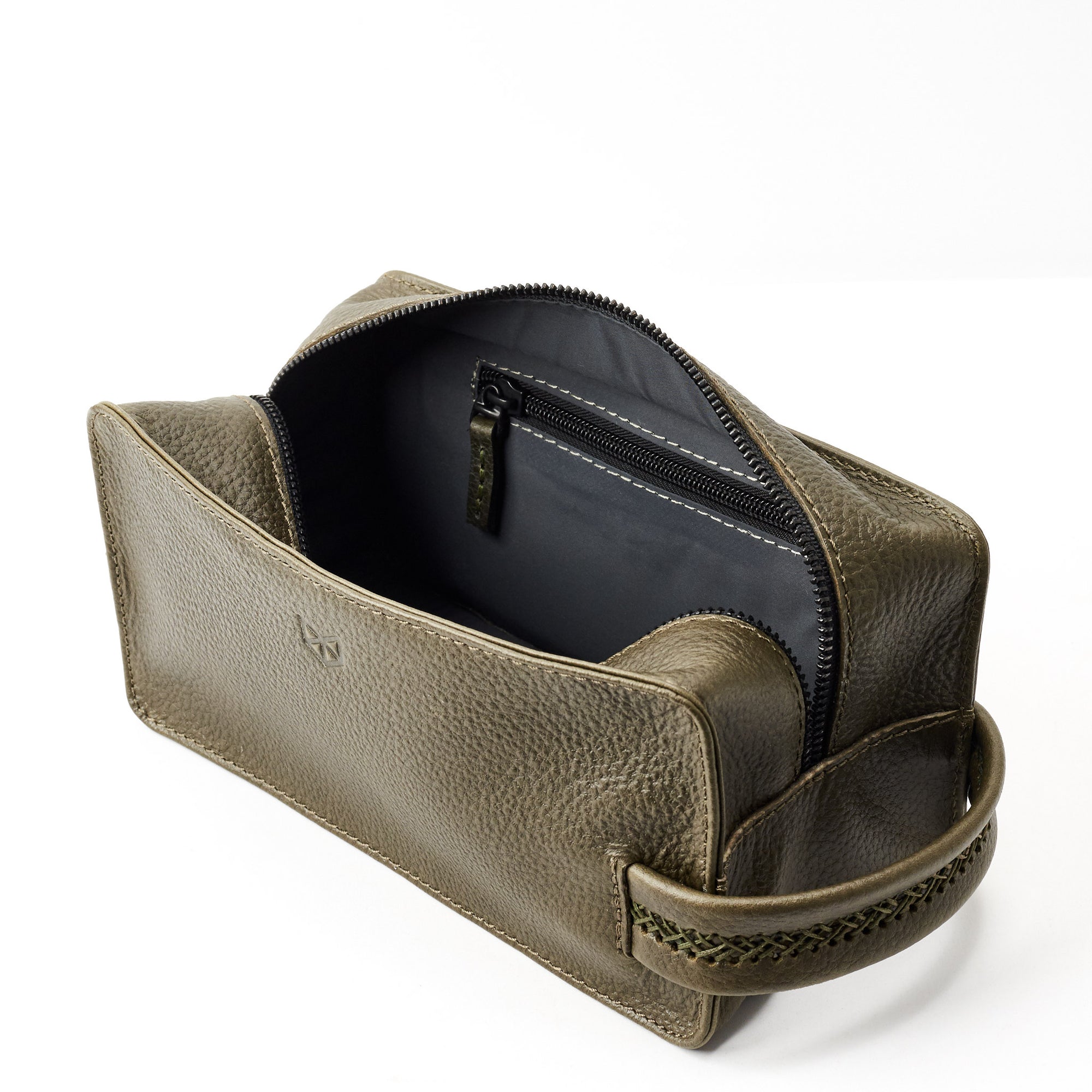 Interior pocket. Green leather toiletry, shaving bag with hand stitched handle. Groomsmen gifts