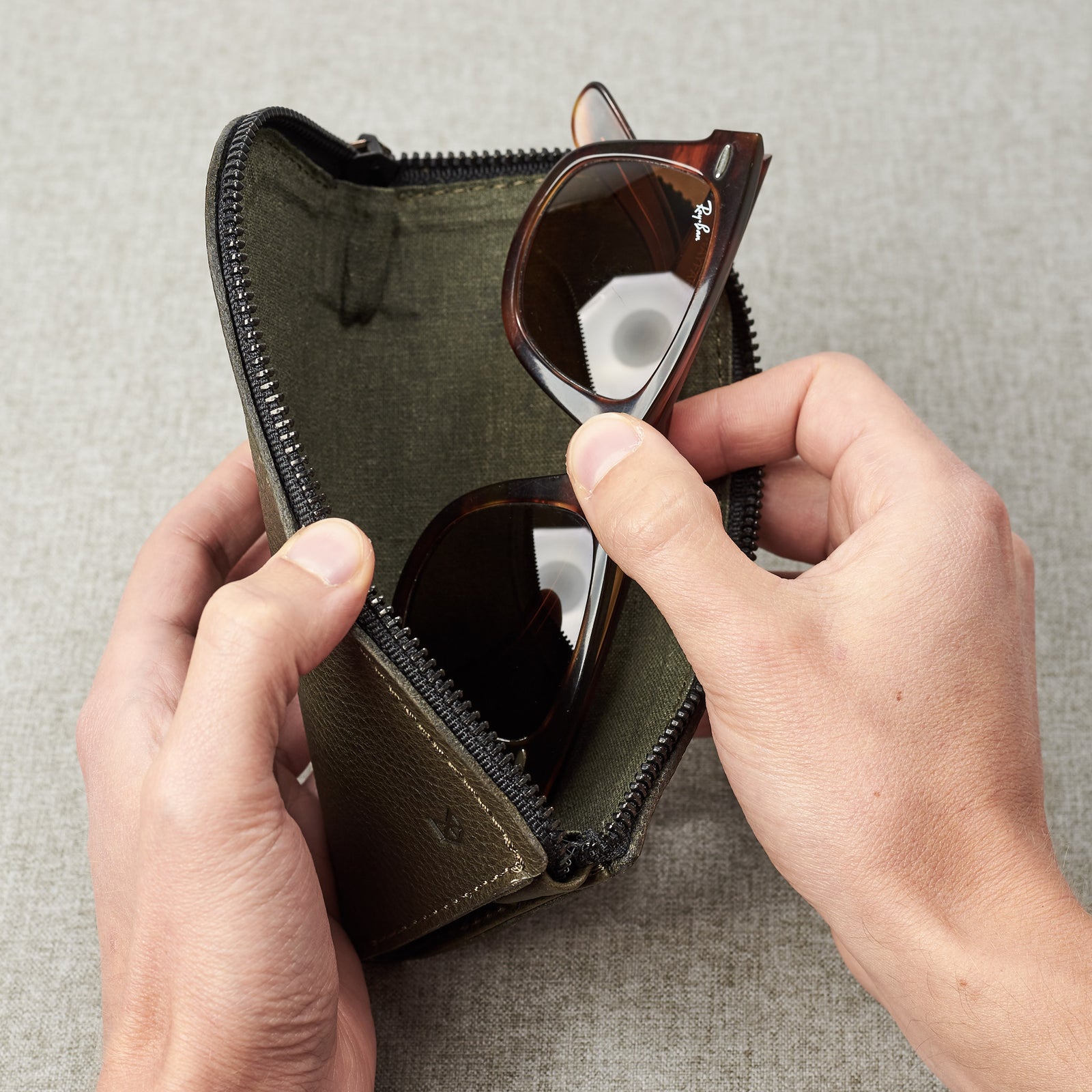 Linen Interior with sunglasses. Green leather glasses case for men. Eye glasses sleeve for mens gifts