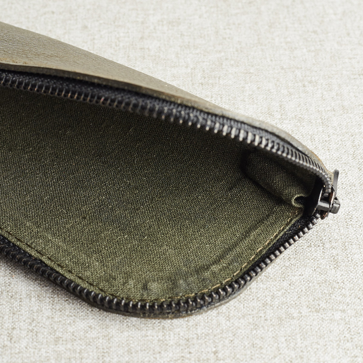 Style linen interior. Green leather glasses case for men. Custom handmade leather sleeve for mens glasses