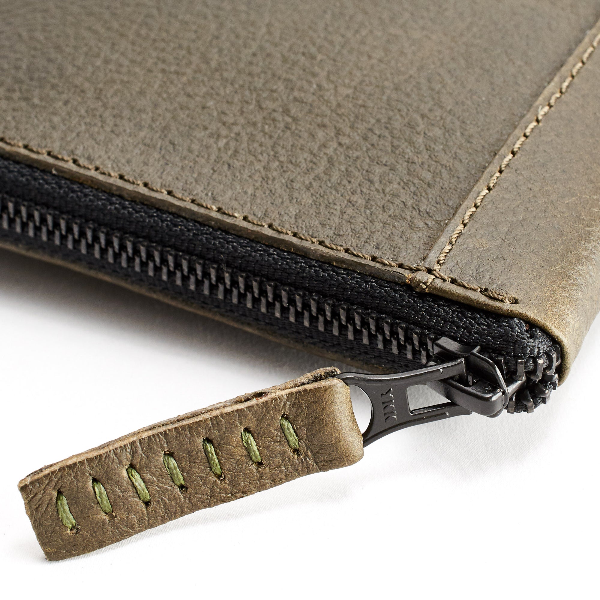 YKK zipper detail. Green Passport Holder for travelers, document organizer, travel journal by Capra Leather