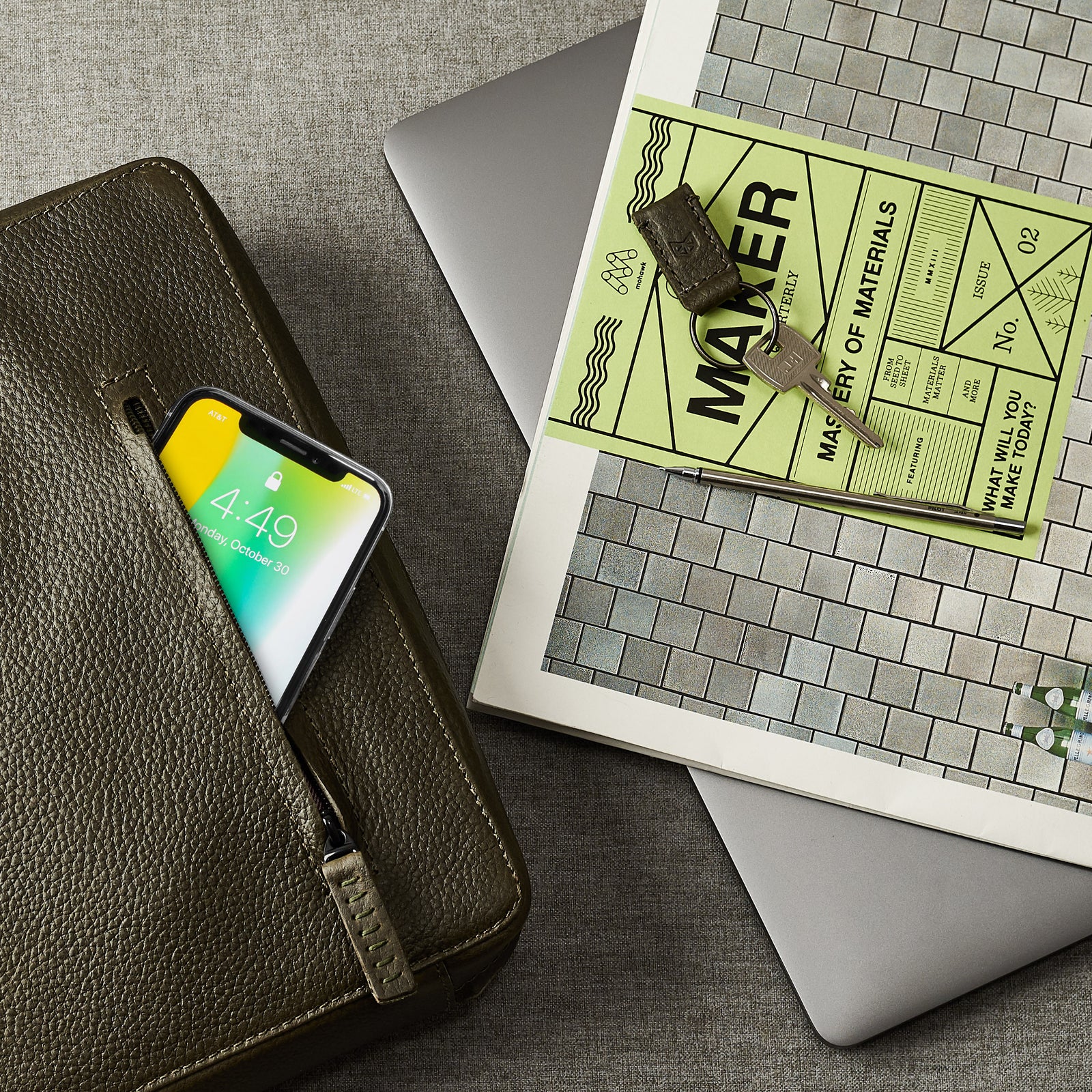 Style. Green leather briefcase for men. Office style mens workbag