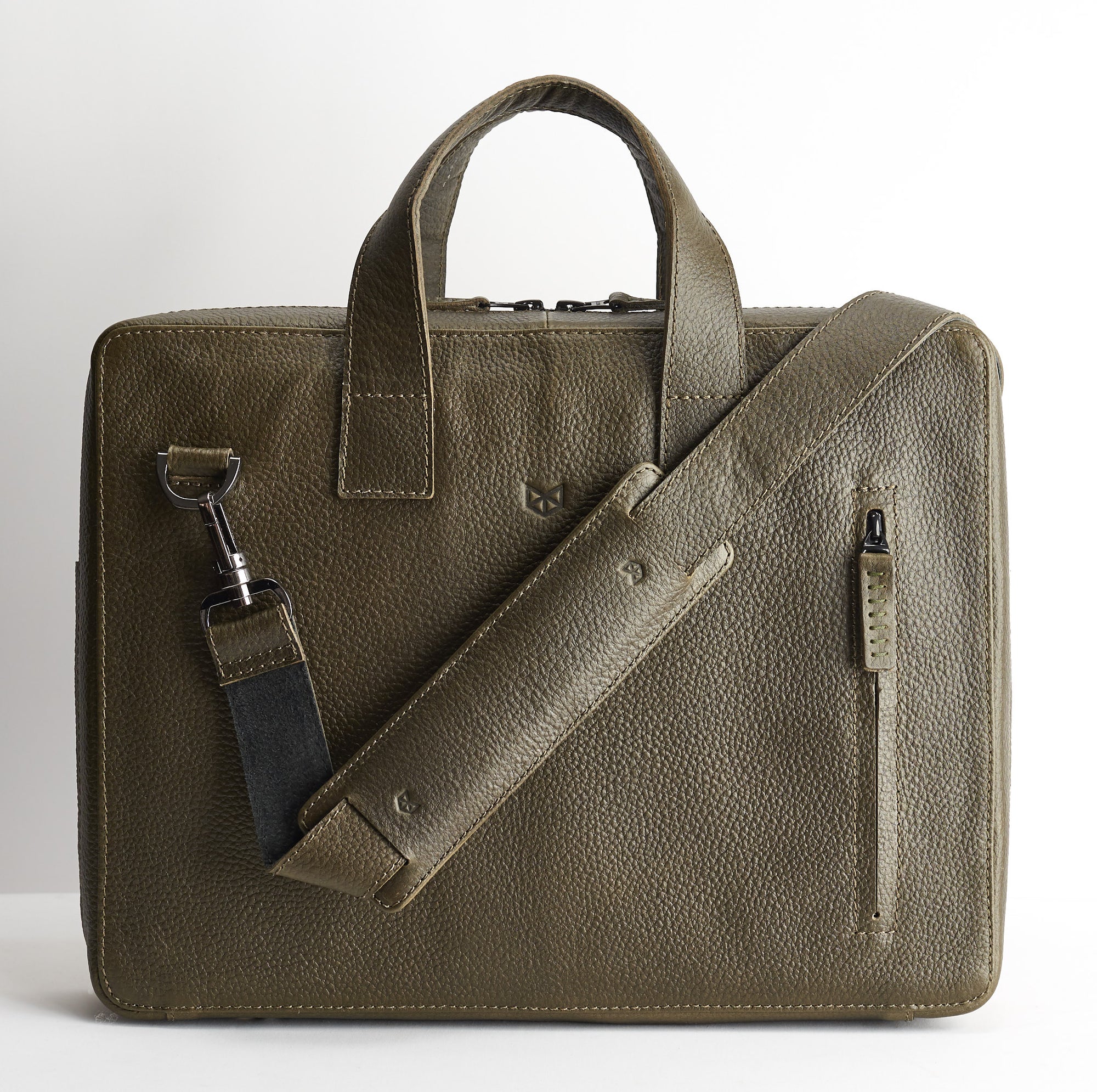 Extra padded shoulder strap.  Green leather briefcase for men. Office style mens workbag
