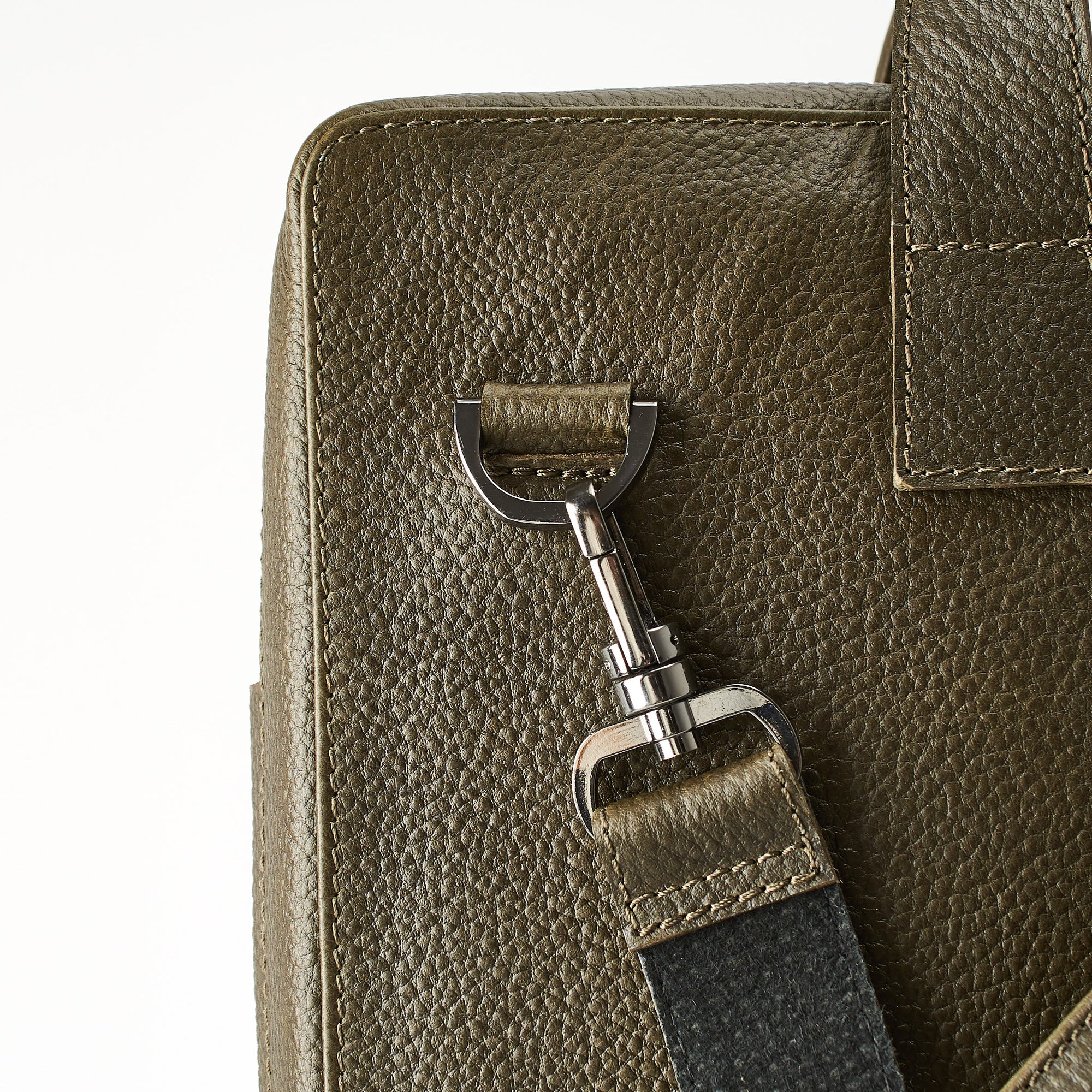 Suede detail. Green leather briefcase for men. Office style mens workbag