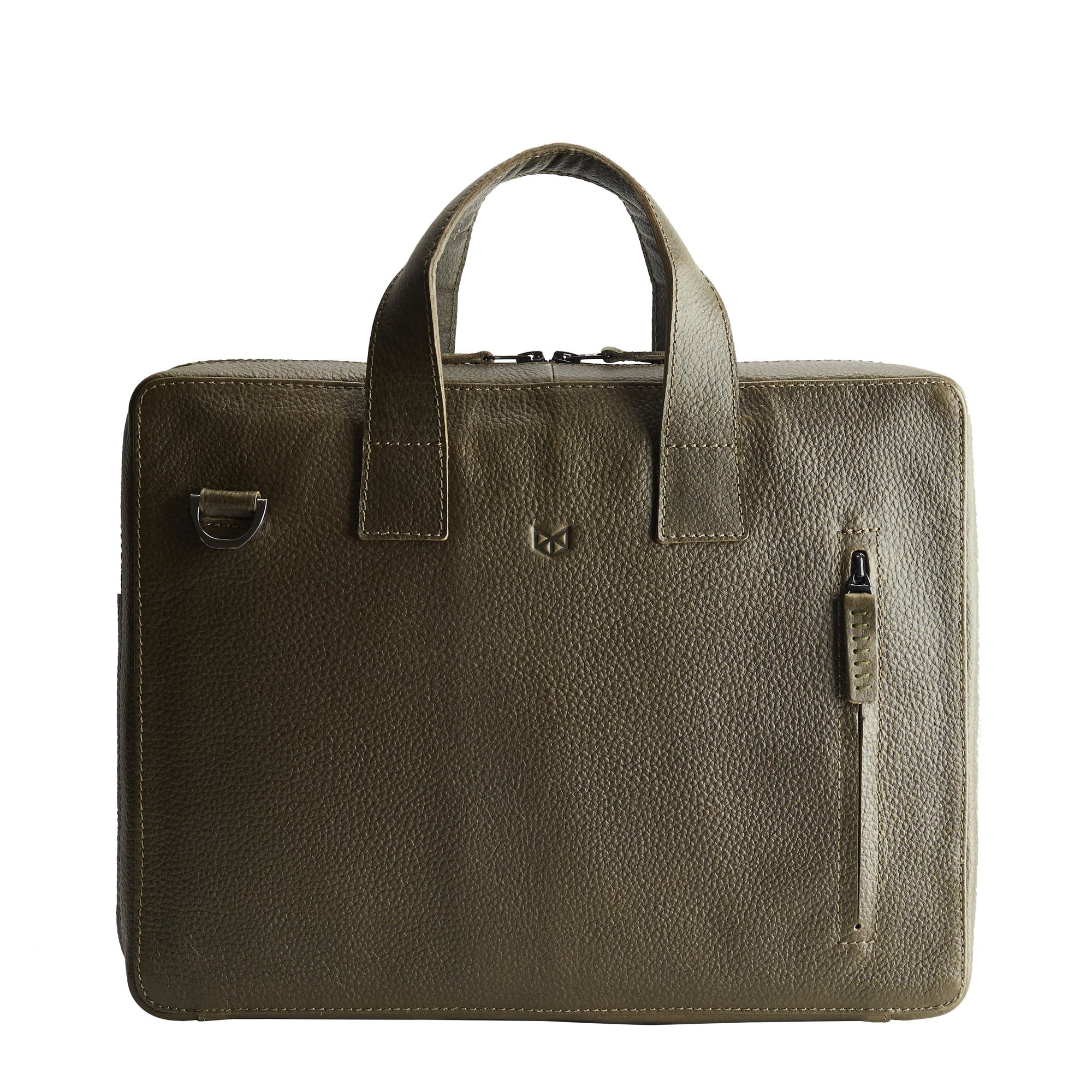 Mens leather briefcase. Green soft slim workbag for mens gifts 