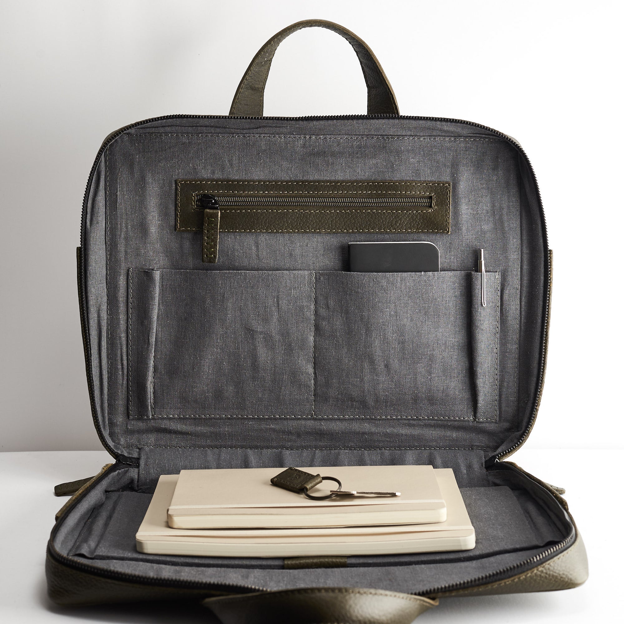 Interior pockets. Green leather briefcase for men. Linen interior. Workbag for Macbook Pro 13inch 15inch