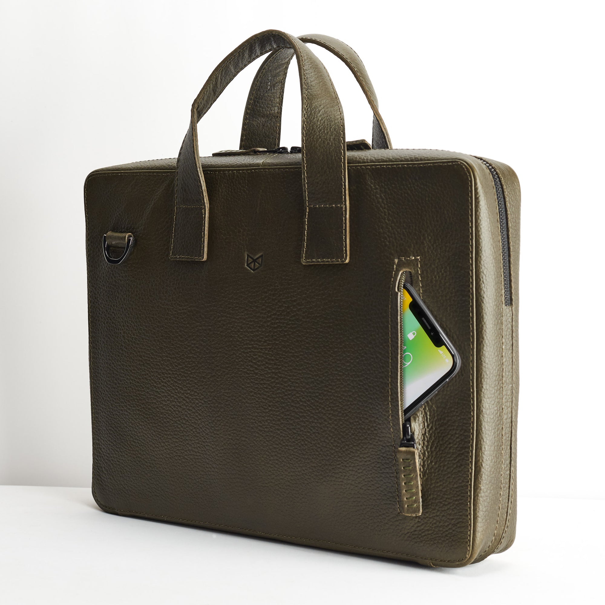 iPhone cellphone exterior pocket. Green leather briefcase for men. Office style mens workbag