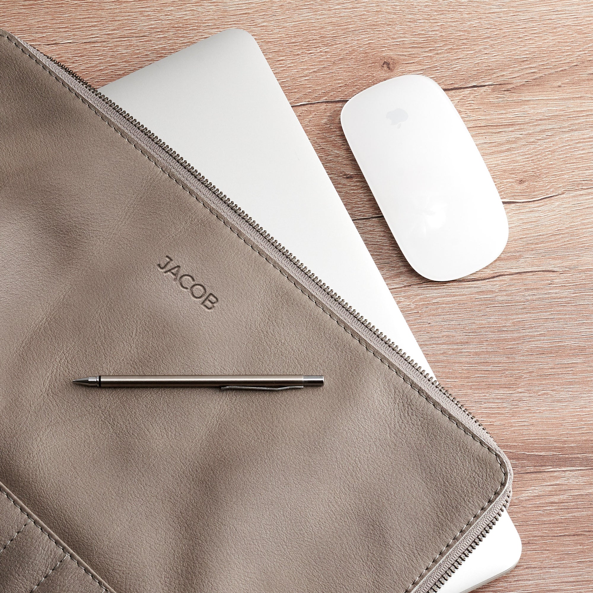 Custom monogrammed leather case. Grey Leather Laptop Portfolio Case.