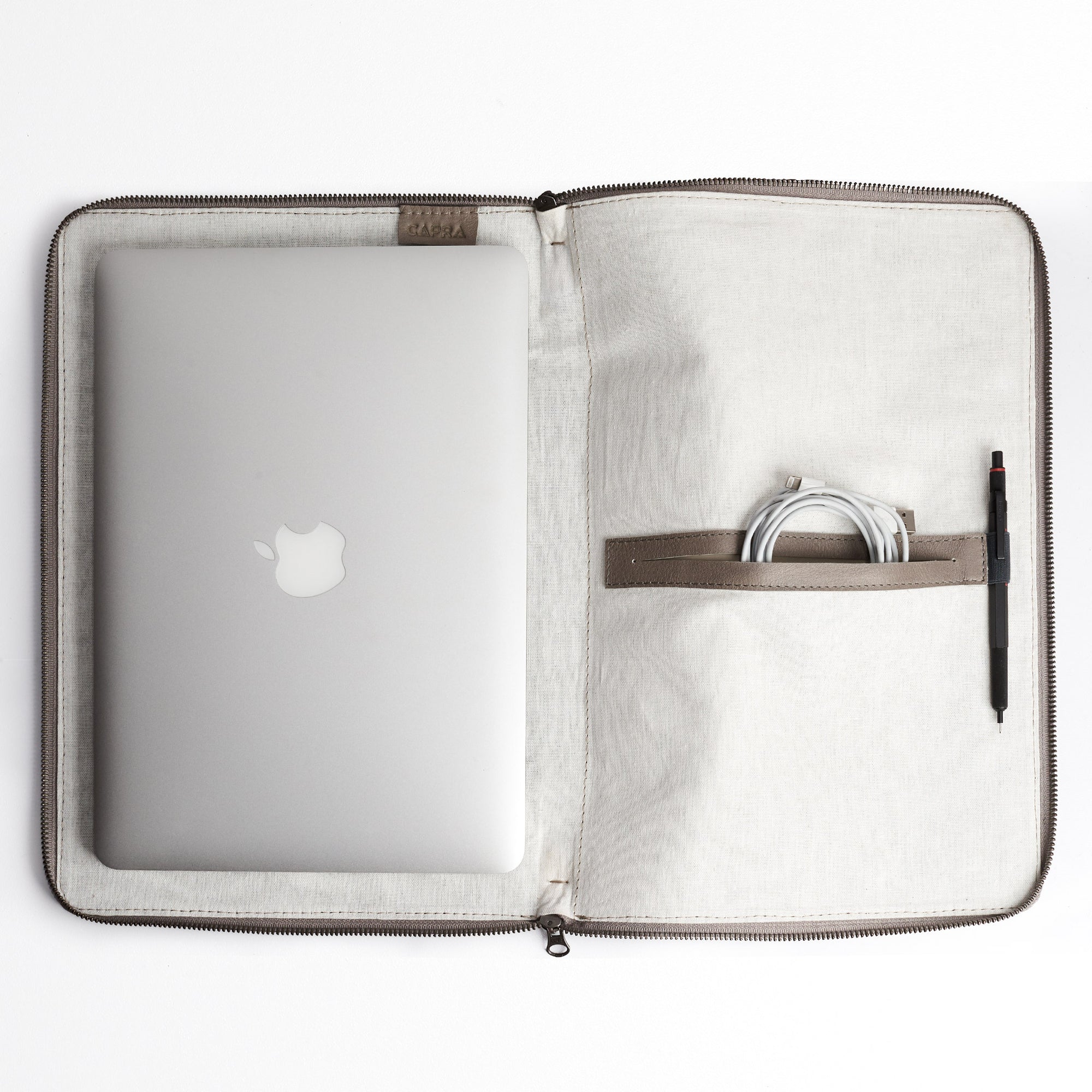 Interior. 100% linen interior. Grey Leather Laptop Portfolio Case. Laptops & devices Bag.