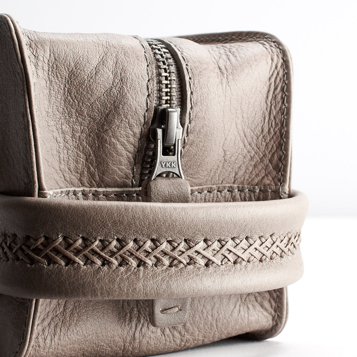 Cross pattern, 86 hand stitches handle. Unique grey mens Dopp kit. Toiletry shaving bag