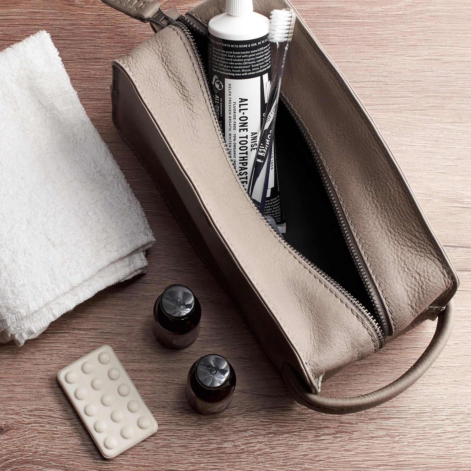Open. Grey leather shaving bag. Groomsmen gifts for men. Handmade leather travel toiletry bag