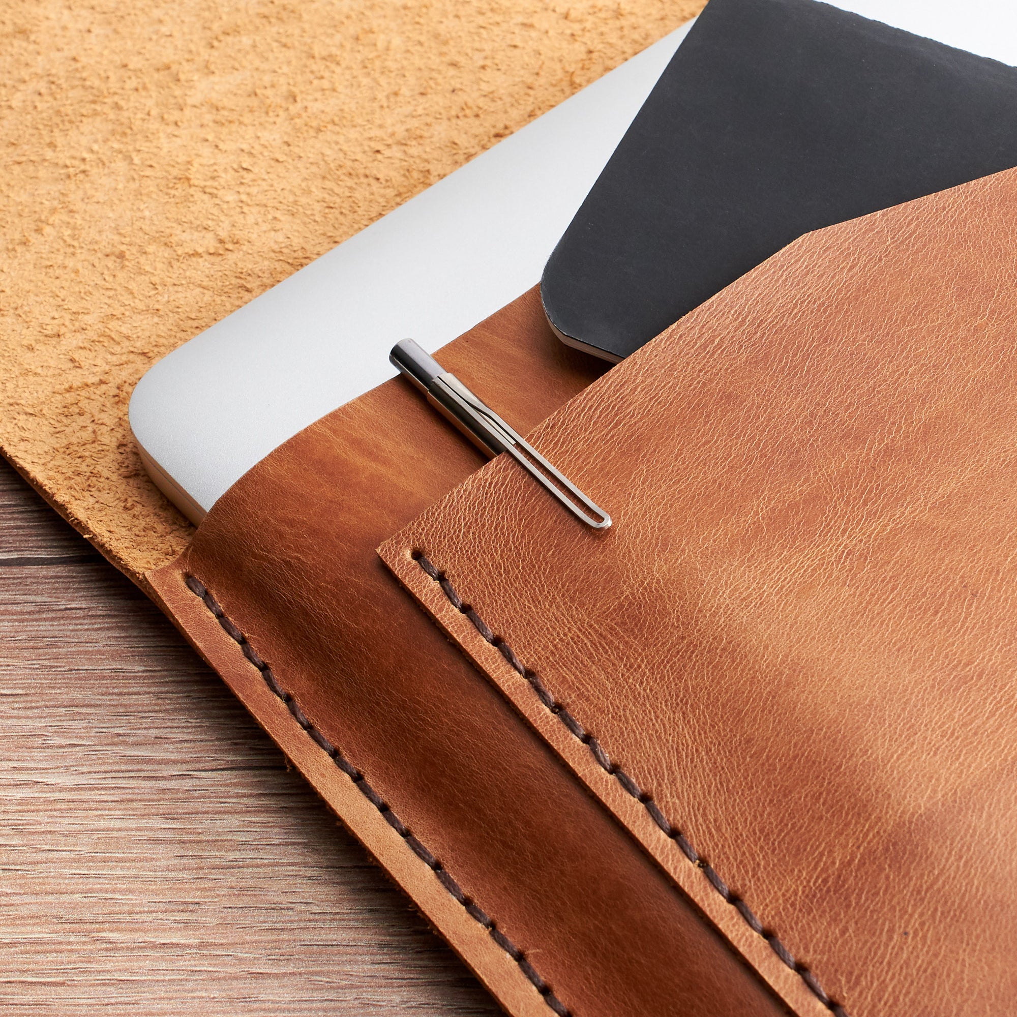 Front Pocket. Tan Leather MacBook Case. Postman MacBook Sleeve by Capra Leather