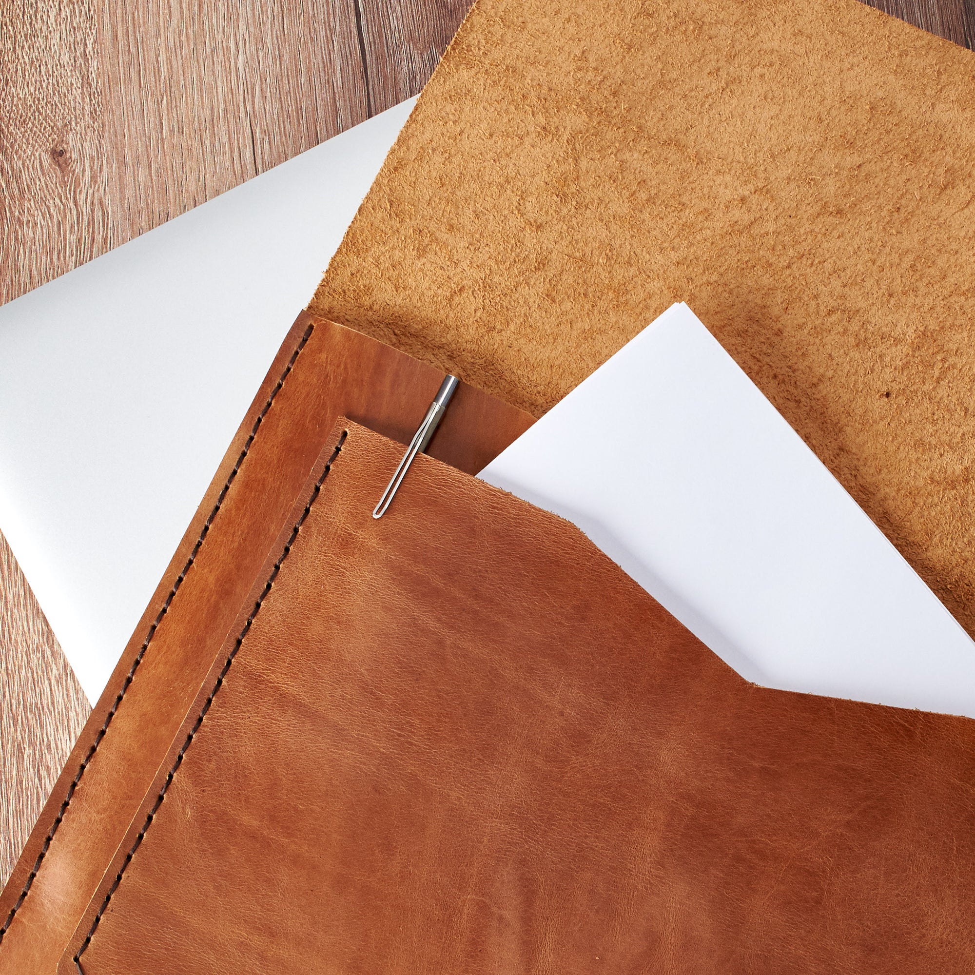 Extra Pocket. Tan Leather MacBook Case. Postman MacBook Sleeve by Capra Leather