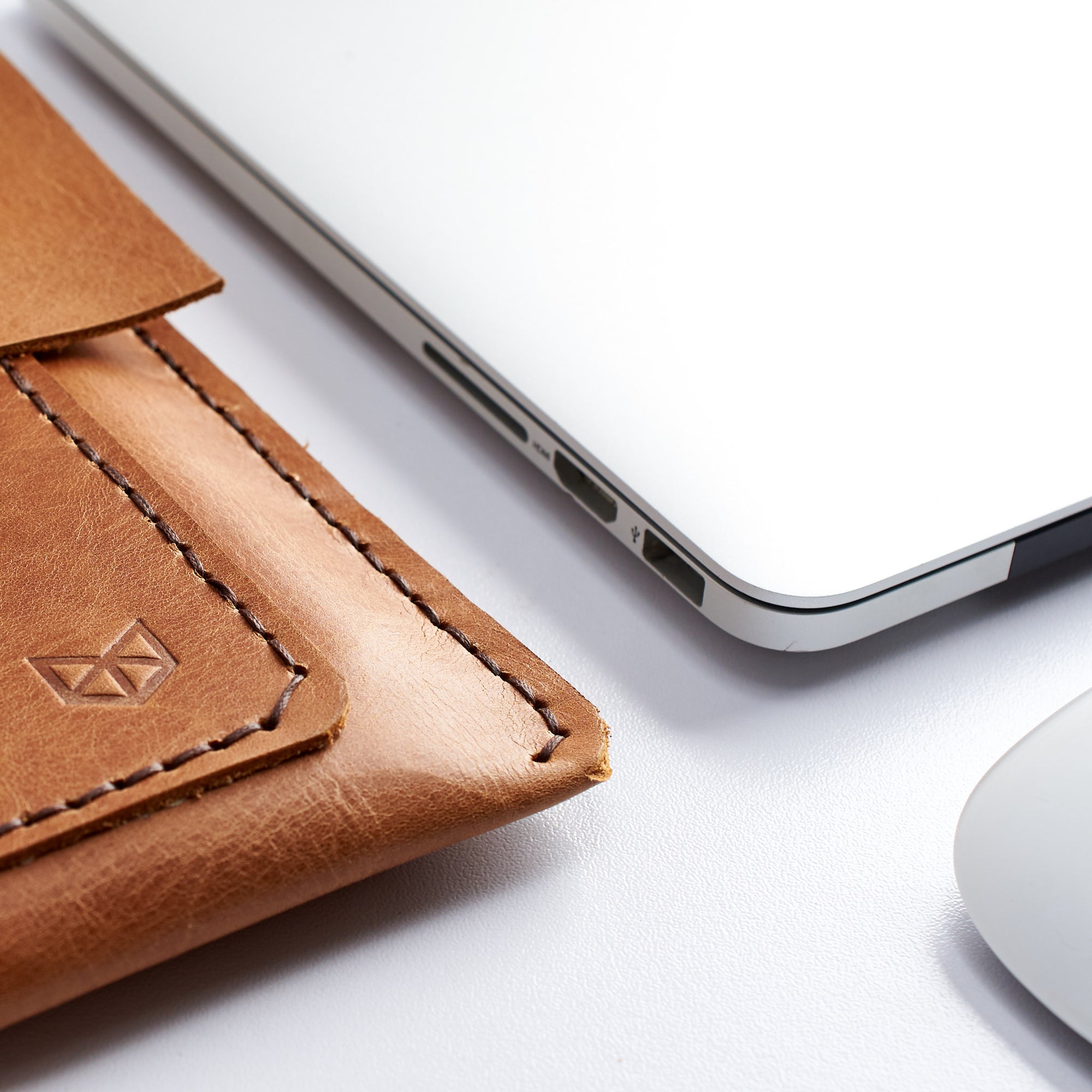 Stitch Detail. Tan Leather MacBook Case. Postman MacBook Sleeve by Capra Leather
