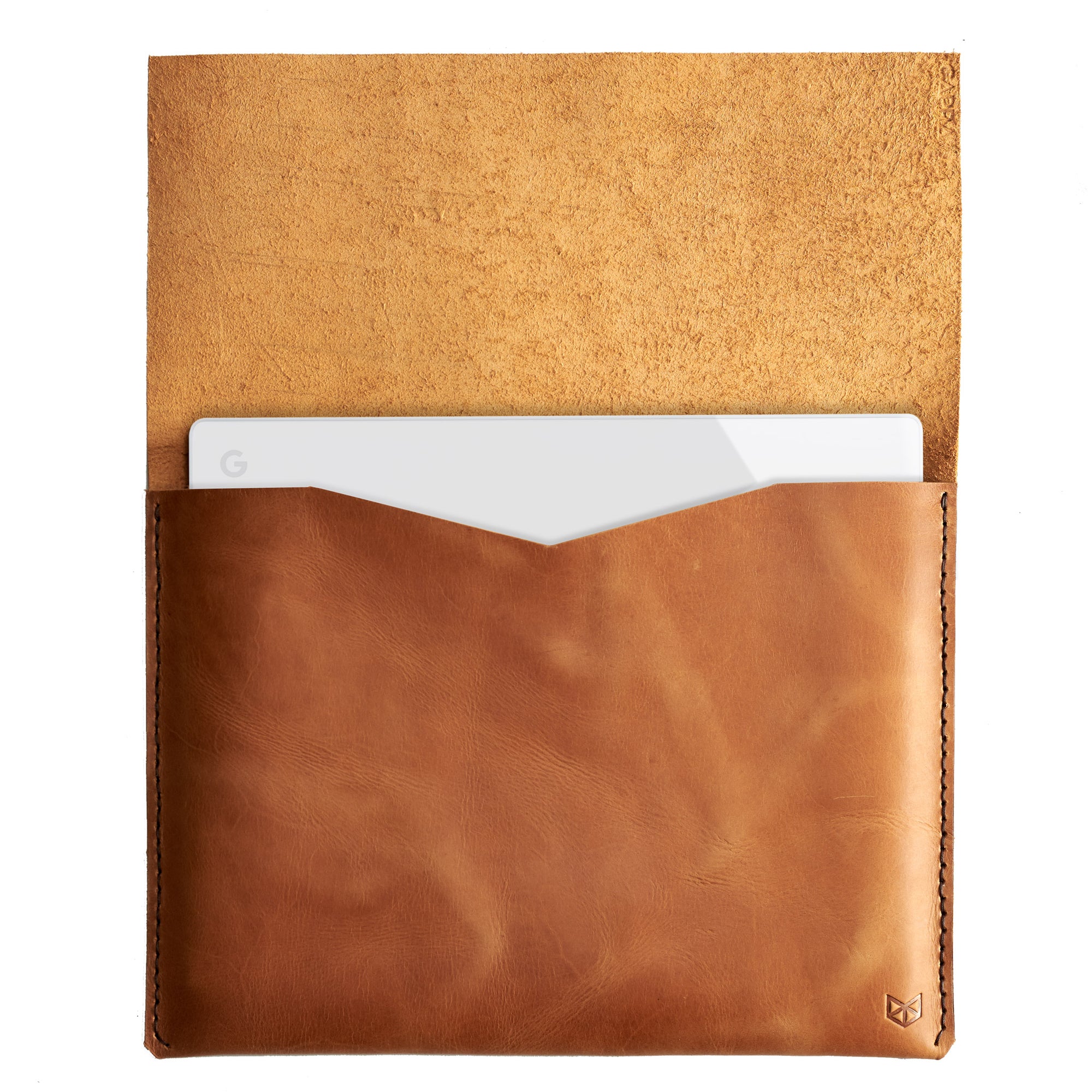 Open. Soft interior. Light Brown leather Google Pixelbook Sleeve Case