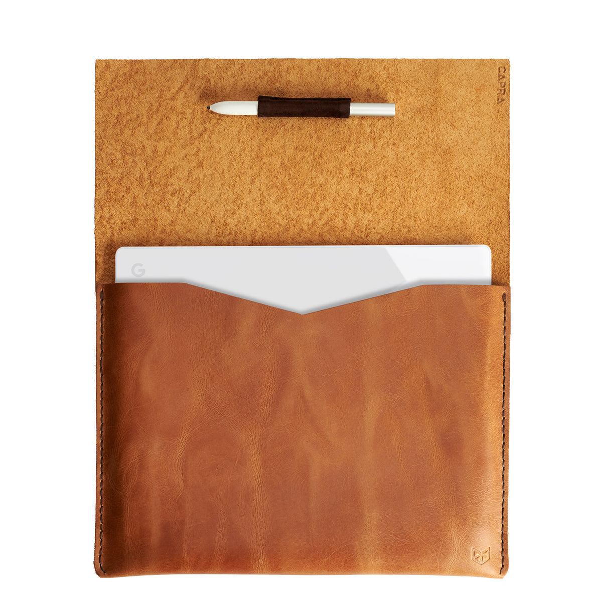 Soft interior. Google Pixelbook light brown leather sleeve for men