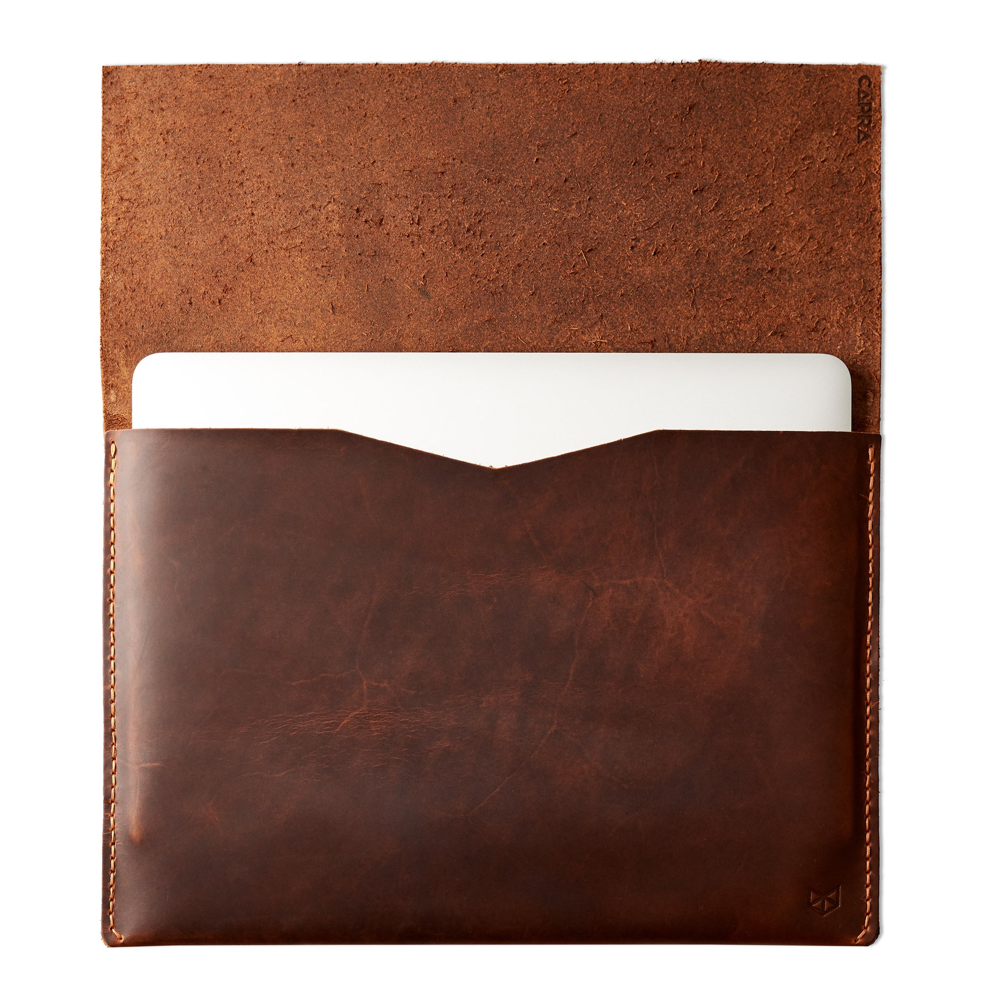 Open. Distressed Tan Leather MacBook Case. MacBook Sleeve by Capra Leather