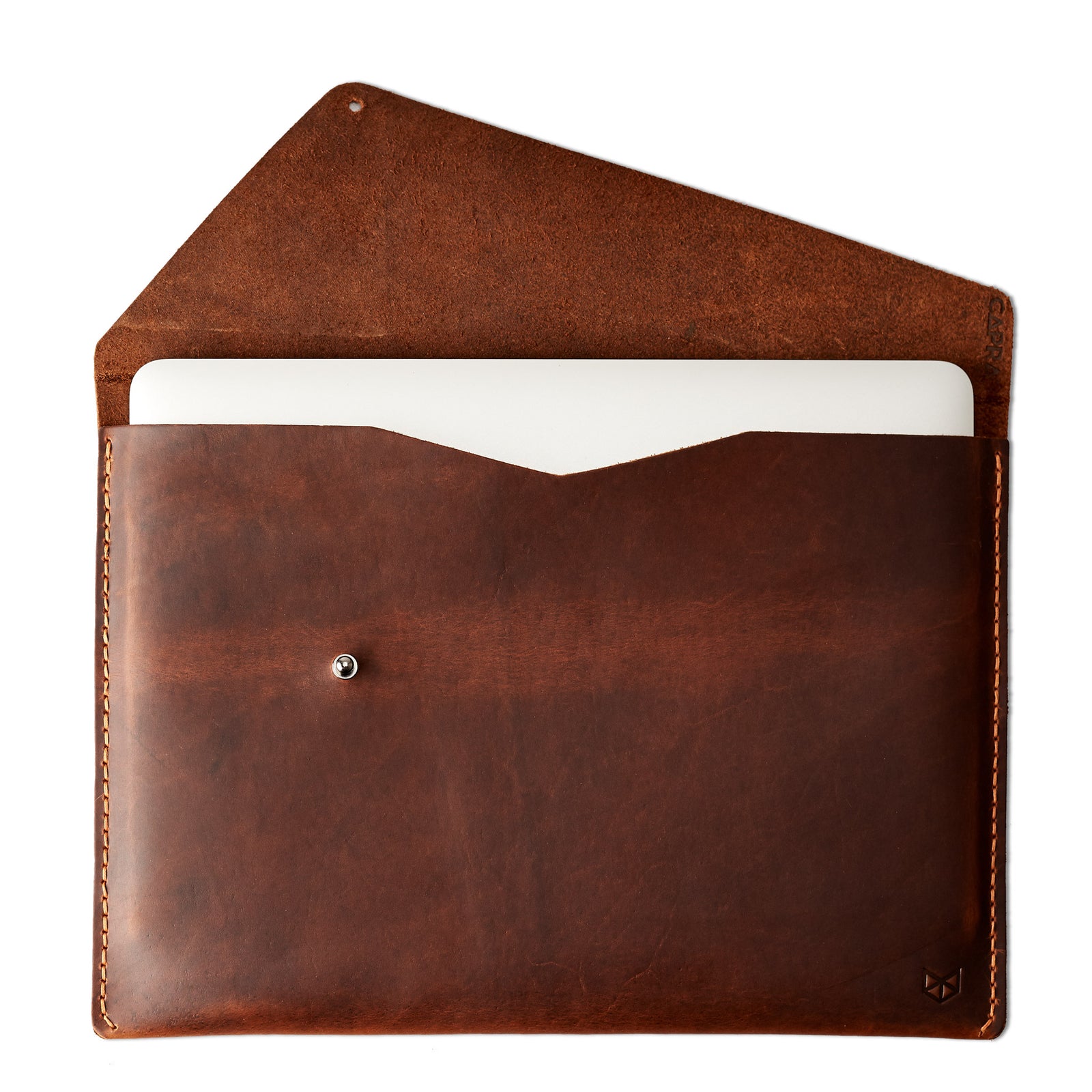 Open. Tan brown Macbook Pro Touch bar sleeve. Mens leather folio. Custom case for mens gifts. MacBook Pro 13 15 16 inch leather case sleeve by Capra Leather.