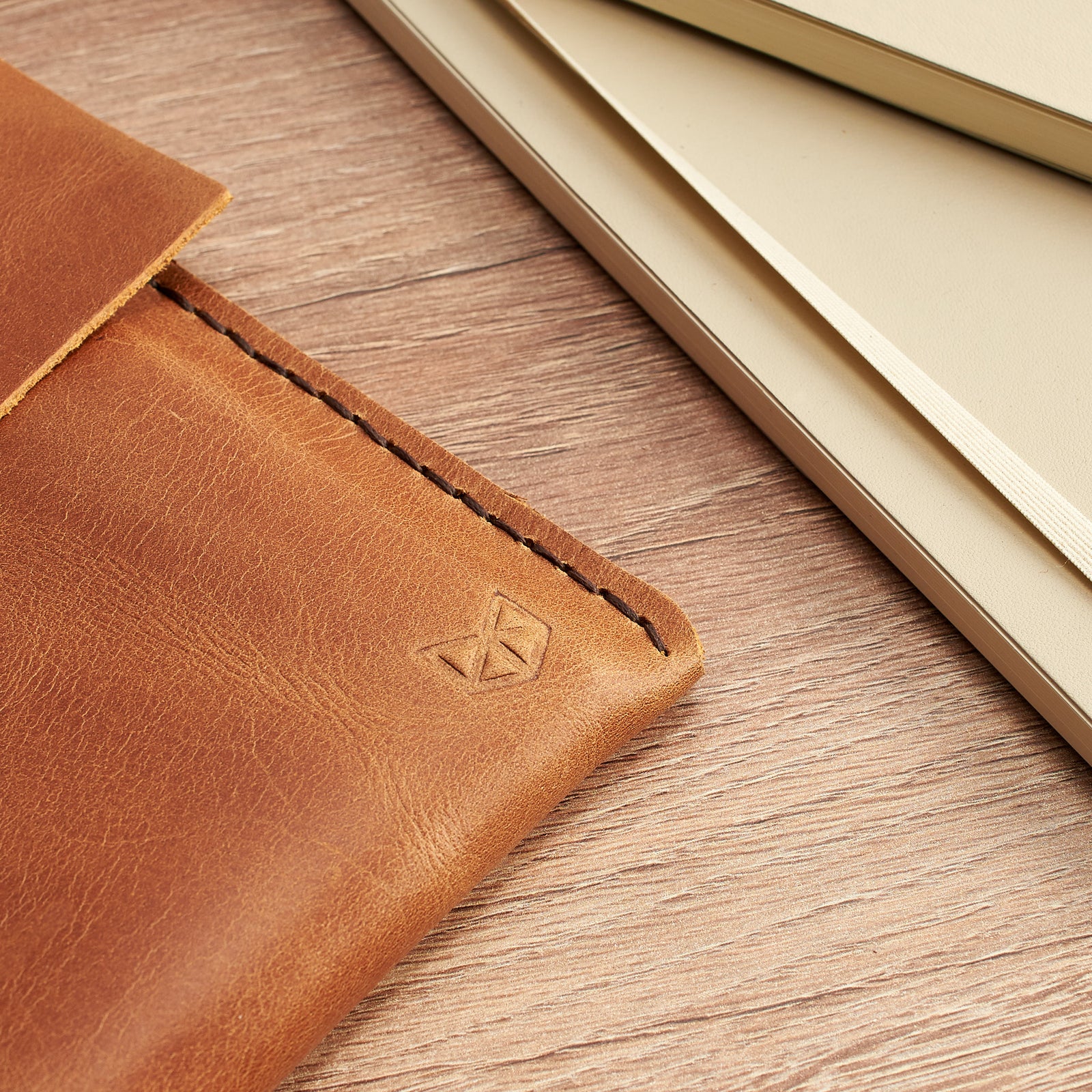 Desk. Light Brown Leather Google Pixelbook Sleeve Case