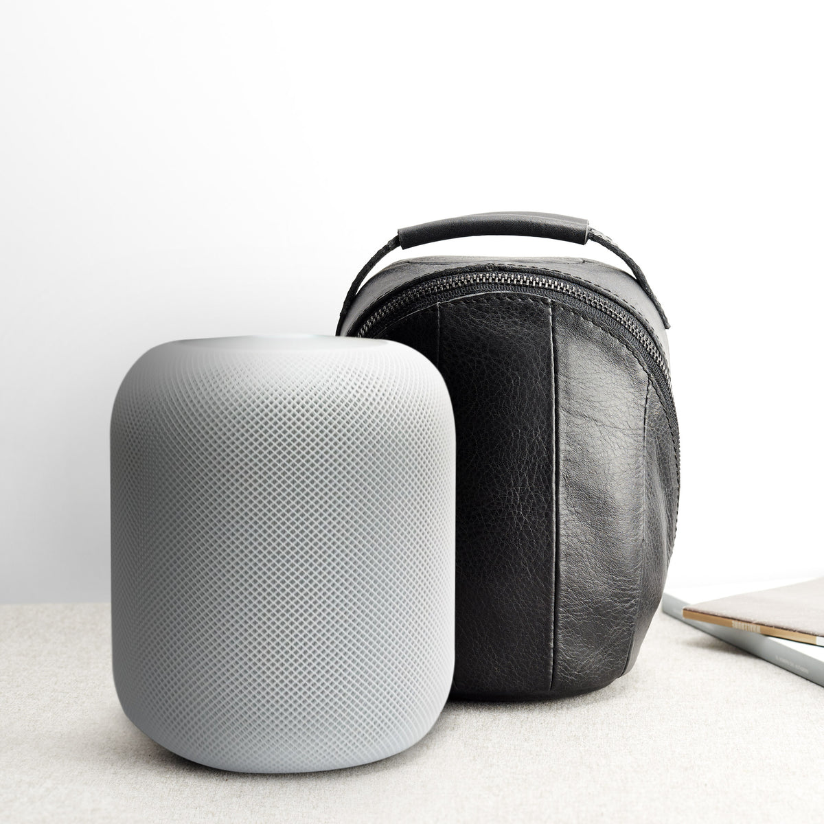 Style. HomePod black leather travel carrying case.