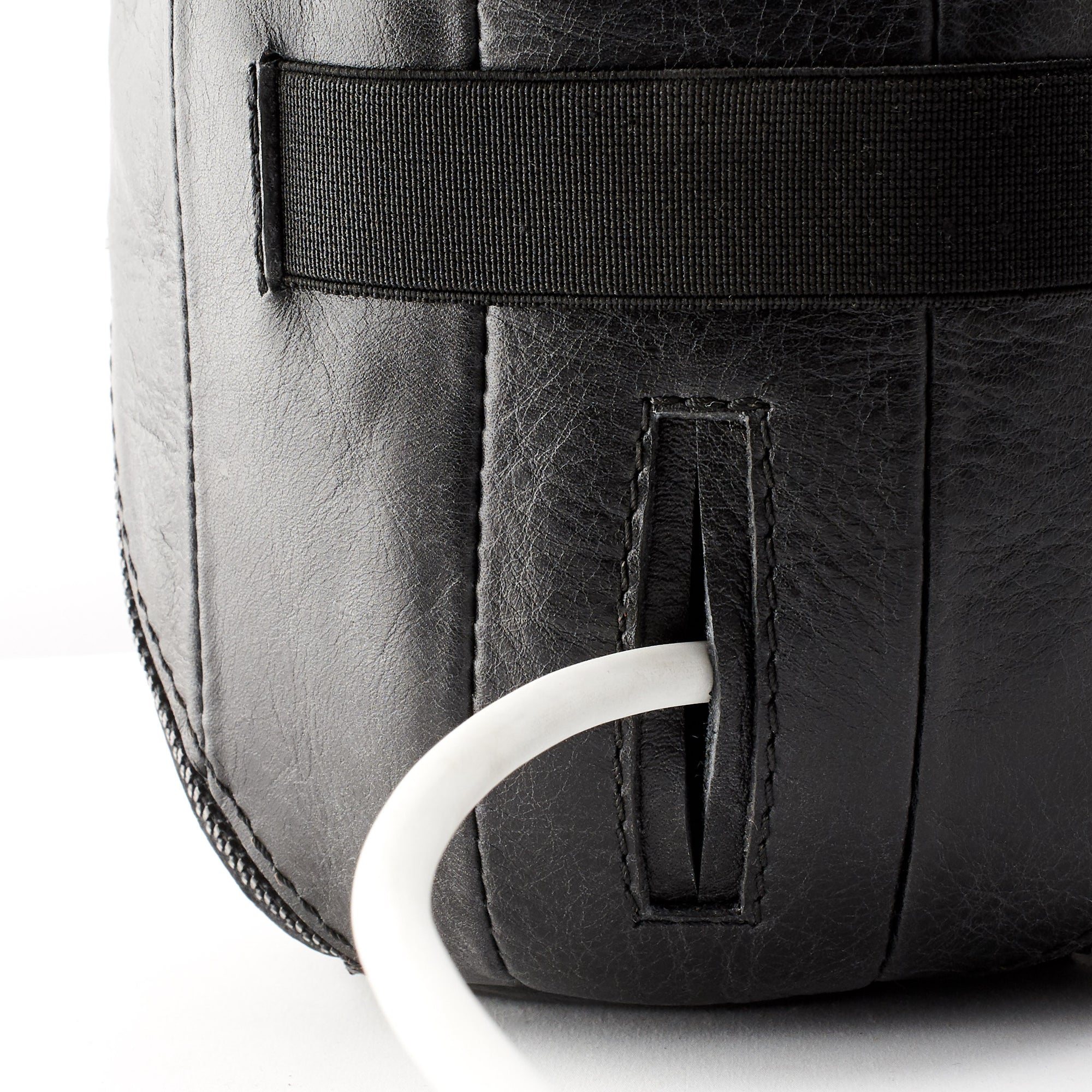 Detail. HomePod black leather travel carrying case.