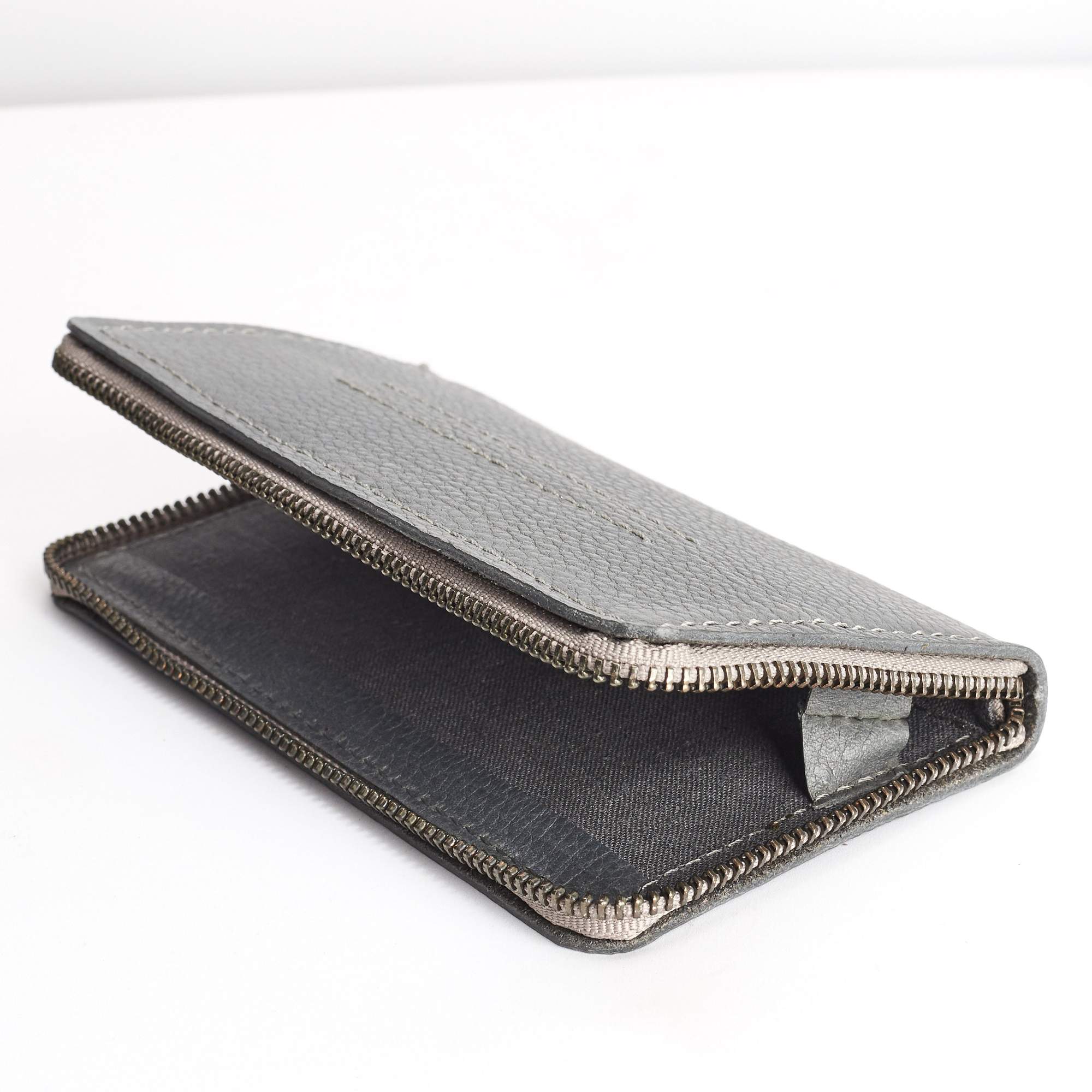 Linen interior detail. Grey Carefully handcrafted leather case stand wallet for new Google Pixel 2 and 2 XL. Men's Pixel sleeve with card holder, 