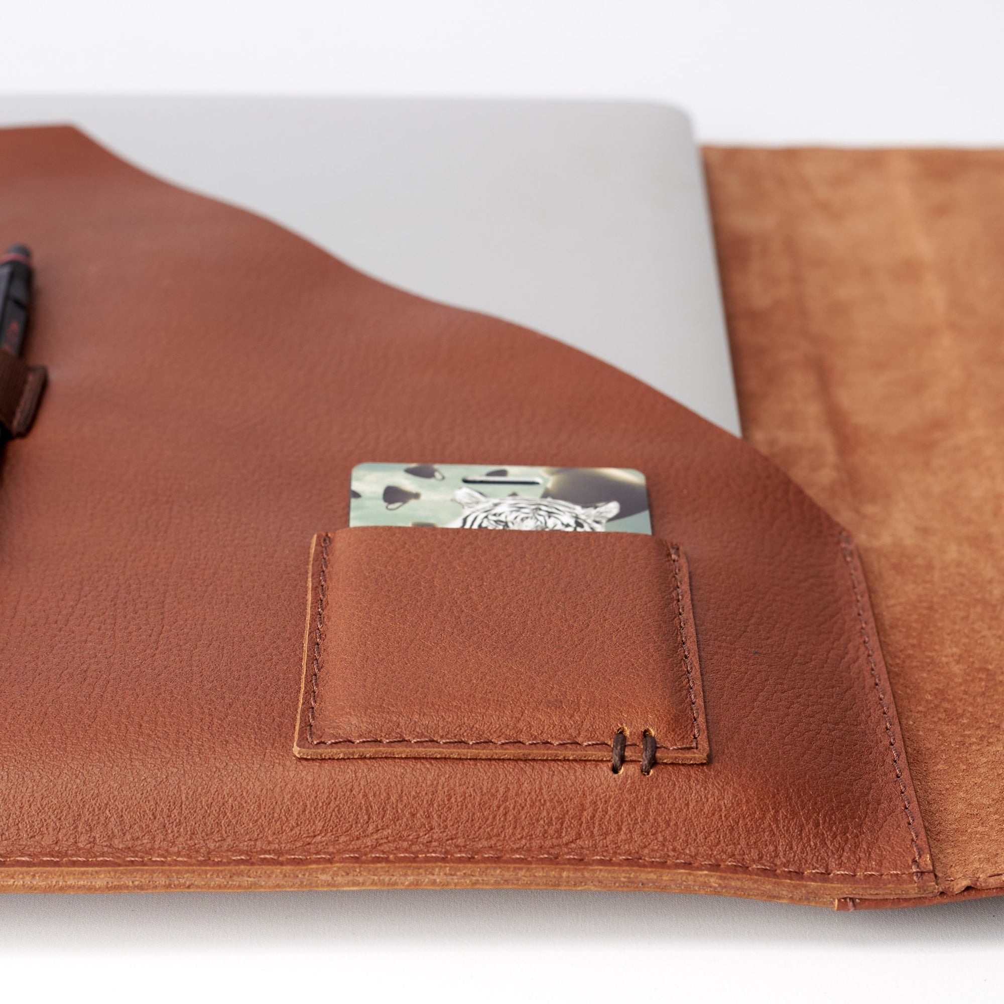 Card pocket detail. Tan Laptop Tablet Portfolio. Business Document Organizer for Men by Capra Leather