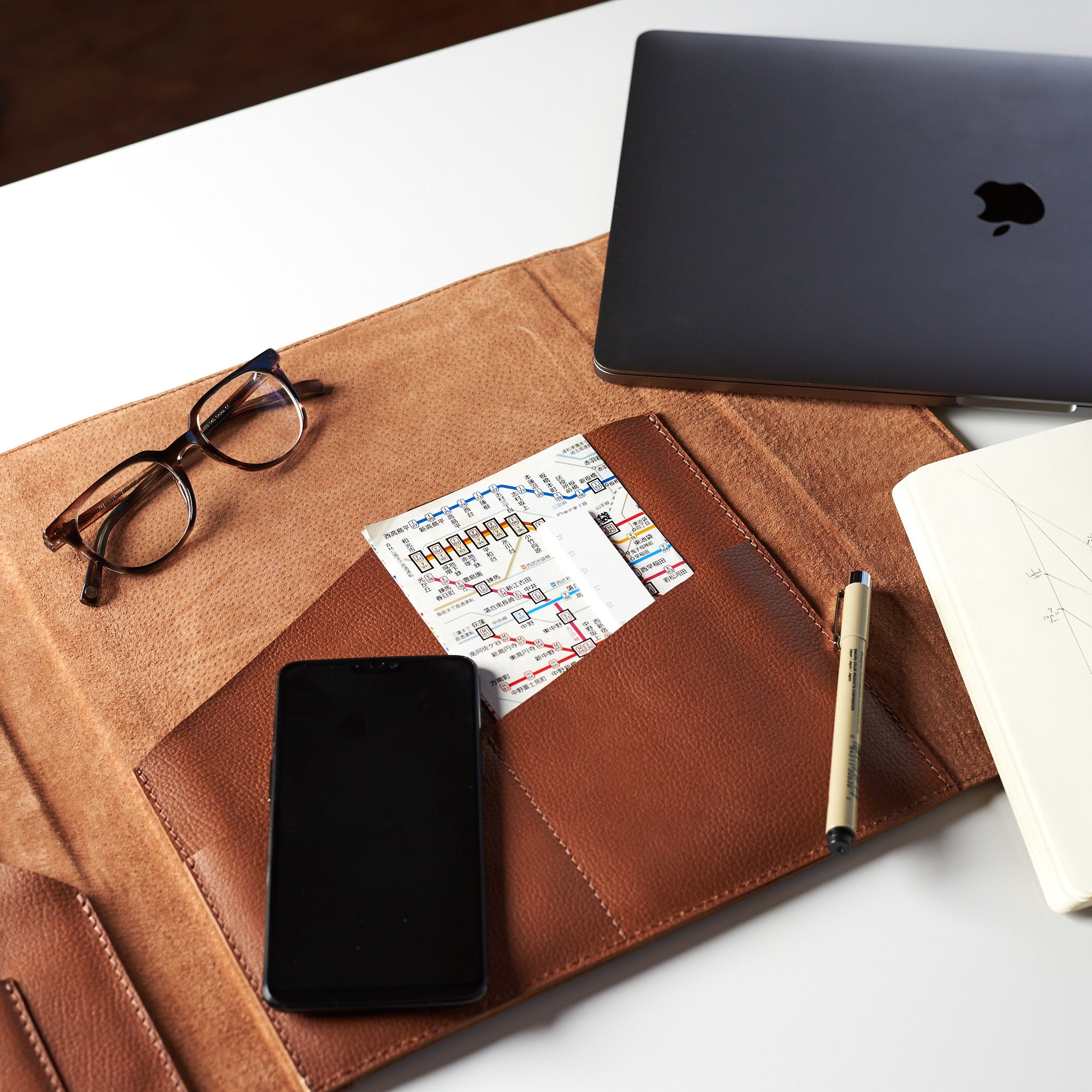 Style inside view. Tan Laptop Tablet Portfolio. Business Document Organizer for Men by Capra Leather