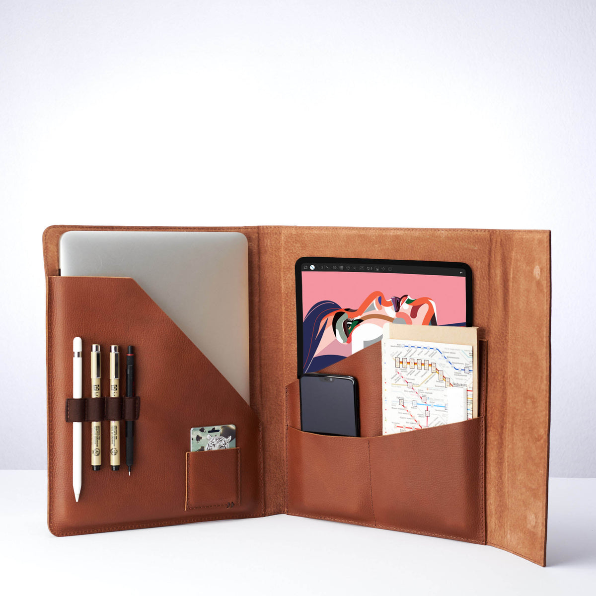 Suede interior. Tan Laptop Tablet Portfolio. Business Document Organizer for Men by Capra Leather
