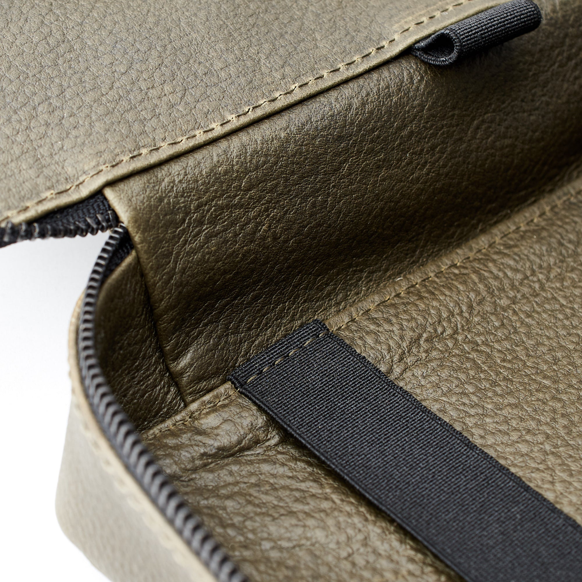 Leather lining interior. Green tech organizer bag by Capra Leather