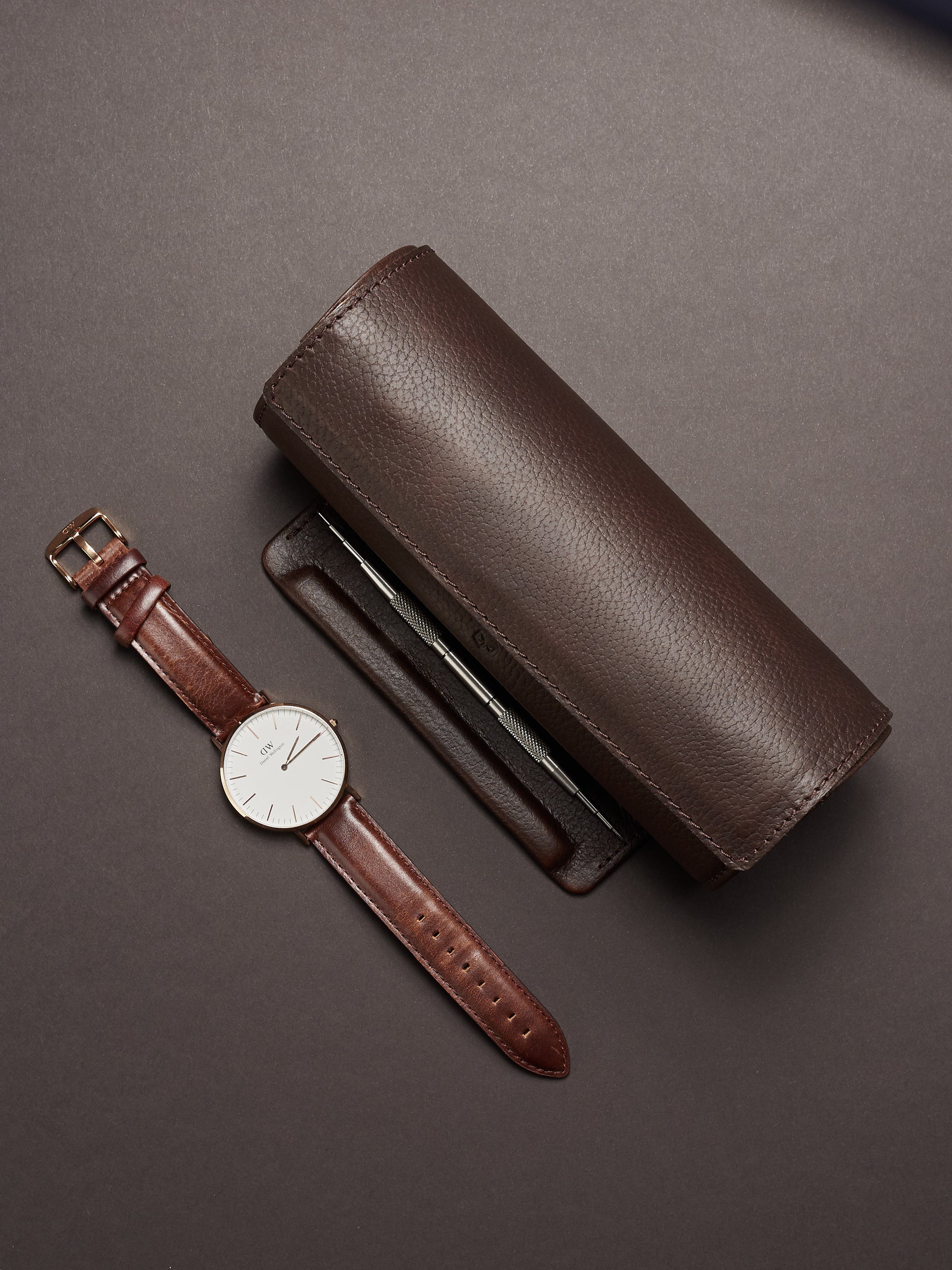 3 watch roll dark brown by Capra Leather