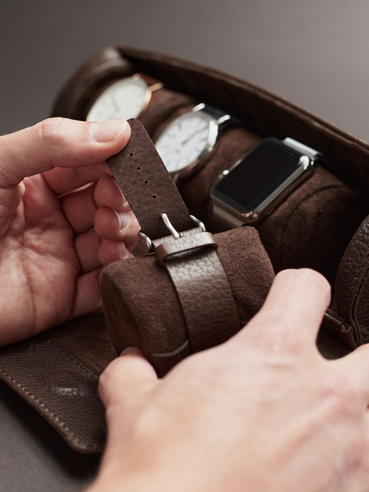 Omega watch case dark brown by Capra Leather