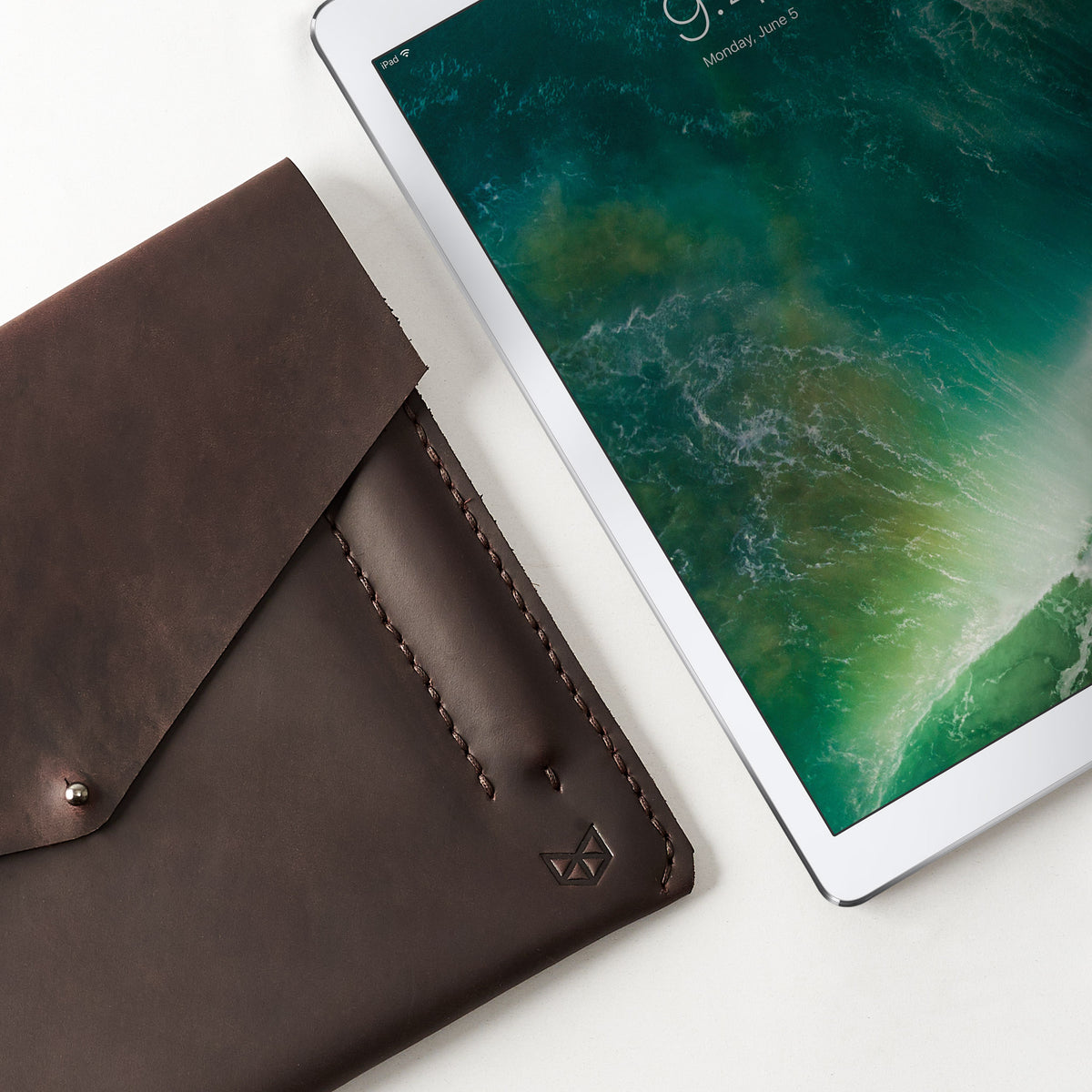 Google accessories. Dark brown leather sleeve for Pixel Slate. Mens gifts