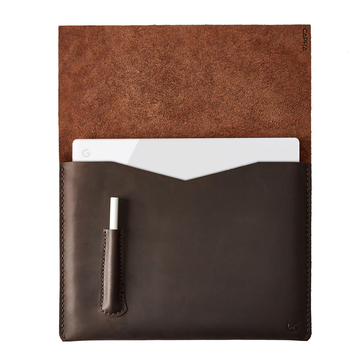 Open. Google Pixelbook laptop dark brown sleeve with pencil holder