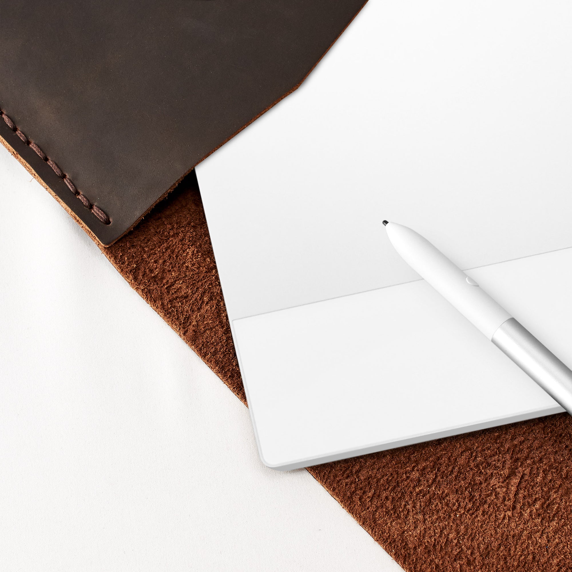 Soft interior. Google Pixelbook laptop dark brown sleeve with pencil holder