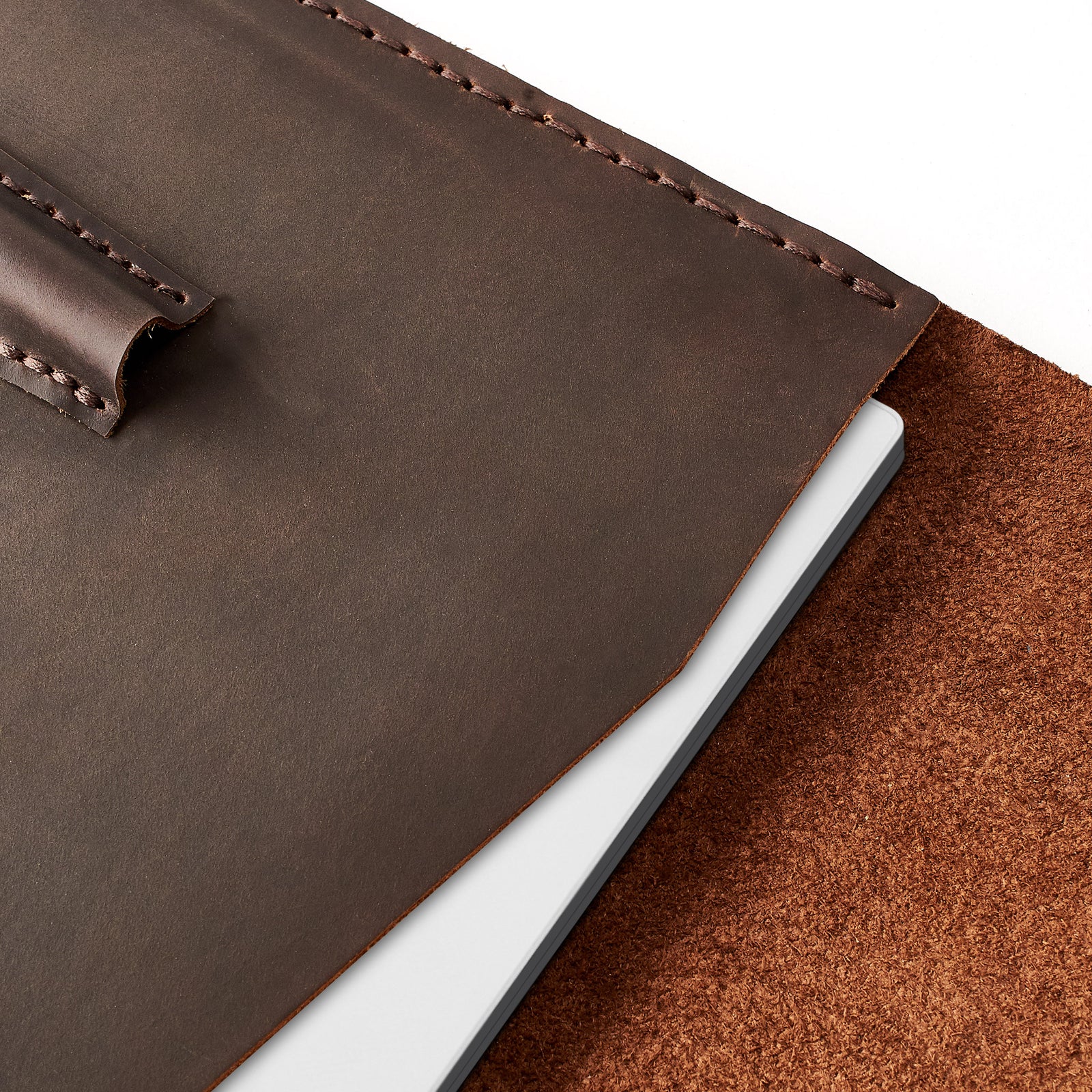 Hand stitch. Google Pixelbook laptop dark brown sleeve with pencil holder
