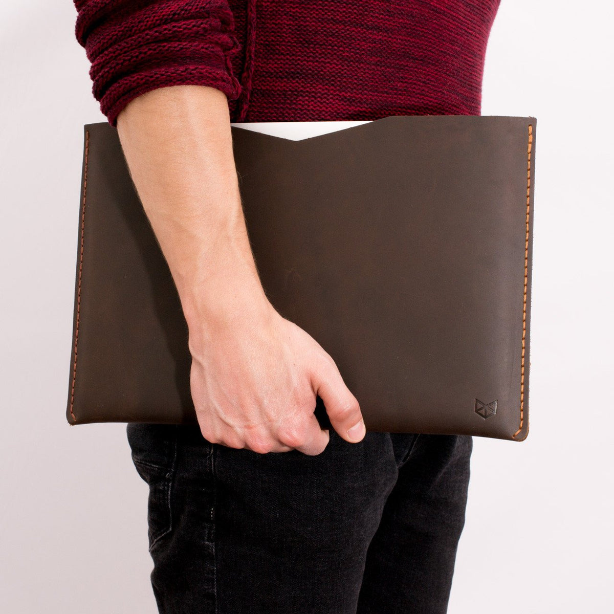 Style photo. Dark brown leather case for Macbook Pro Touch Bar. Macbook Pro Retina leather sleeve. Hand stitched mens cases
