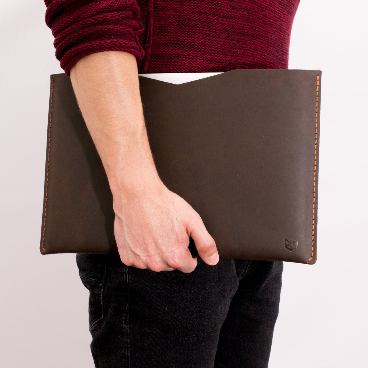 Style photo. Dark brown leather case for Macbook Pro Touch Bar. Macbook Pro Retina leather sleeve. Hand stitched mens cases