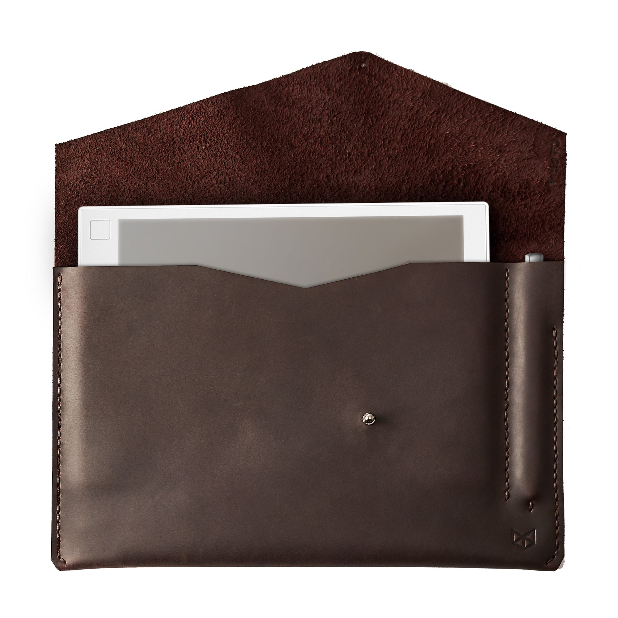 Cover. Dark brown handcrafted leather reMarkable tablet case. Folio with Marker holder. Paper E-ink tablet minimalist sleeve design. 