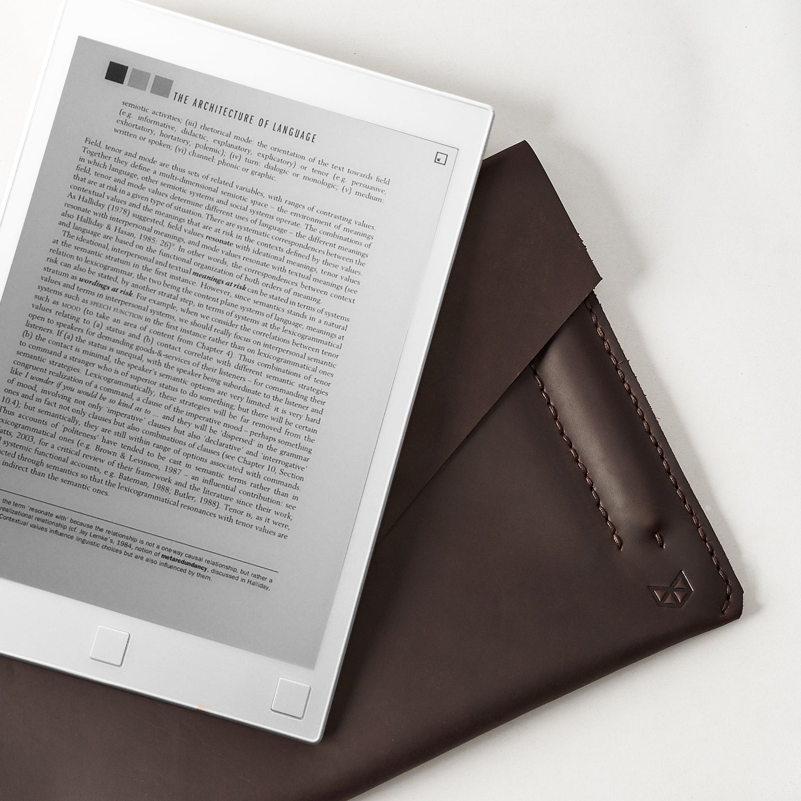 Style. Dark brown handcrafted leather reMarkable tablet case. Folio with Marker holder. Paper E-ink tablet minimalist sleeve design. 