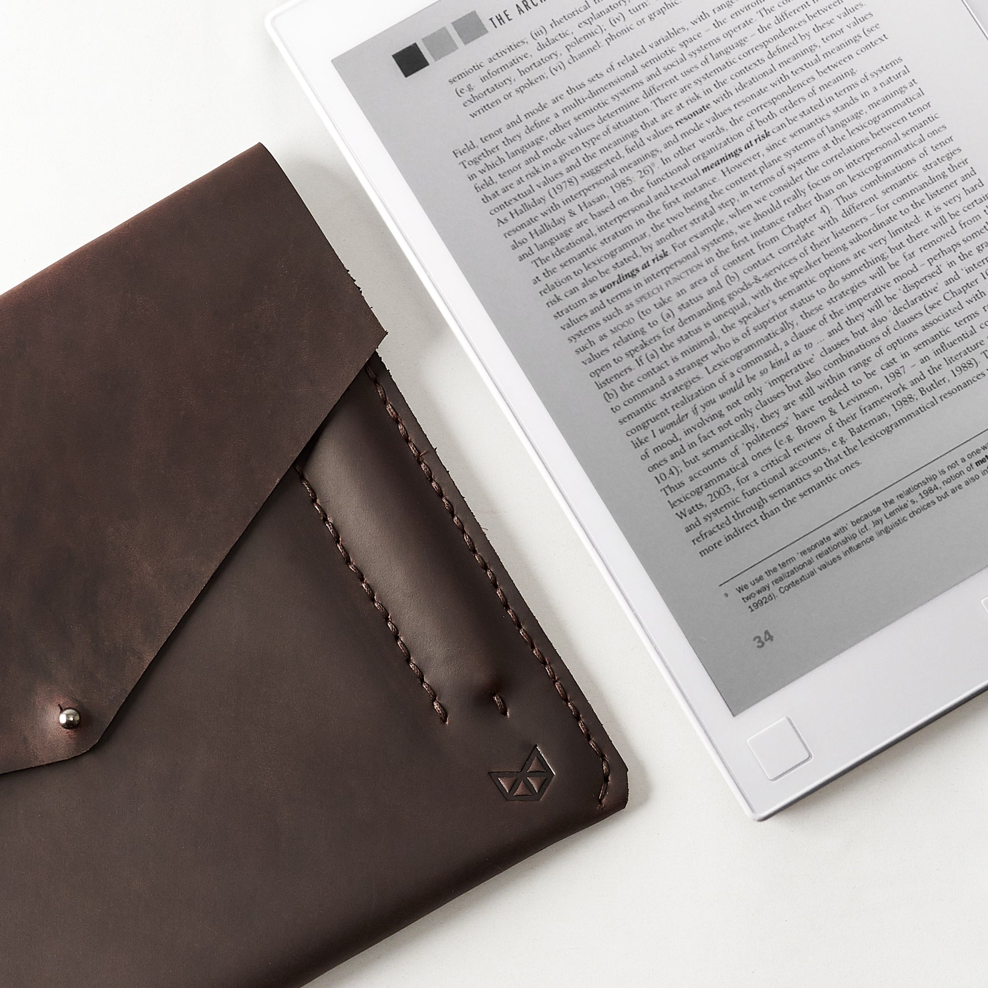 new reMarkable. Dark brown handcrafted leather reMarkable tablet case. Folio with Marker holder. Paper E-ink tablet minimalist sleeve design. 