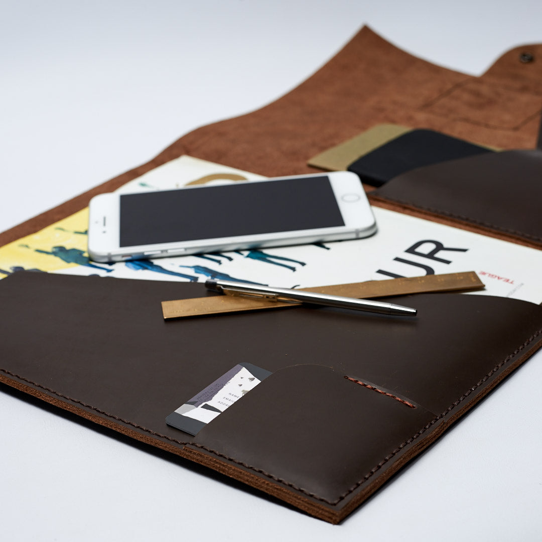 Detail. Handmade leather portfolio.Document Portfolio with Pockets for iPhone, A4 & Letter Papers Men Leather Legal Pad, Mens Gift