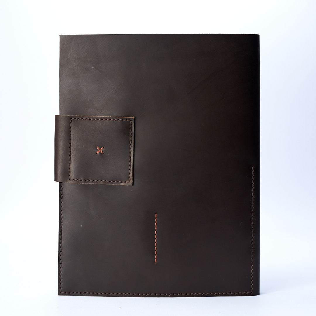 Back. Handmade leather portfolio stitched by hand. Handmade designer document legal pad