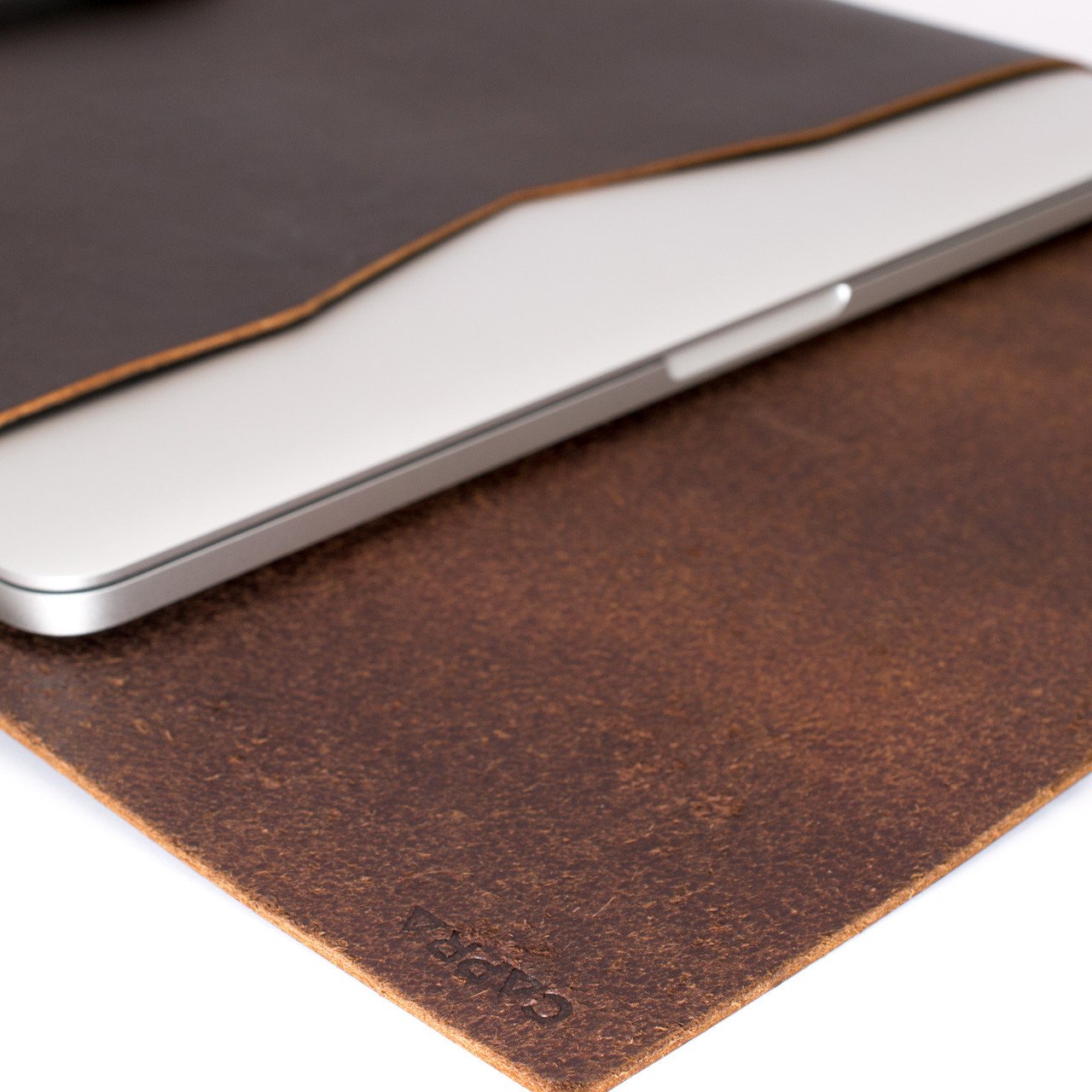 Soft interior. Dark brown leather Macbook pro touch bar sleeve. Designer unique mens cases. Hand stitched Macbook Pro sleeve