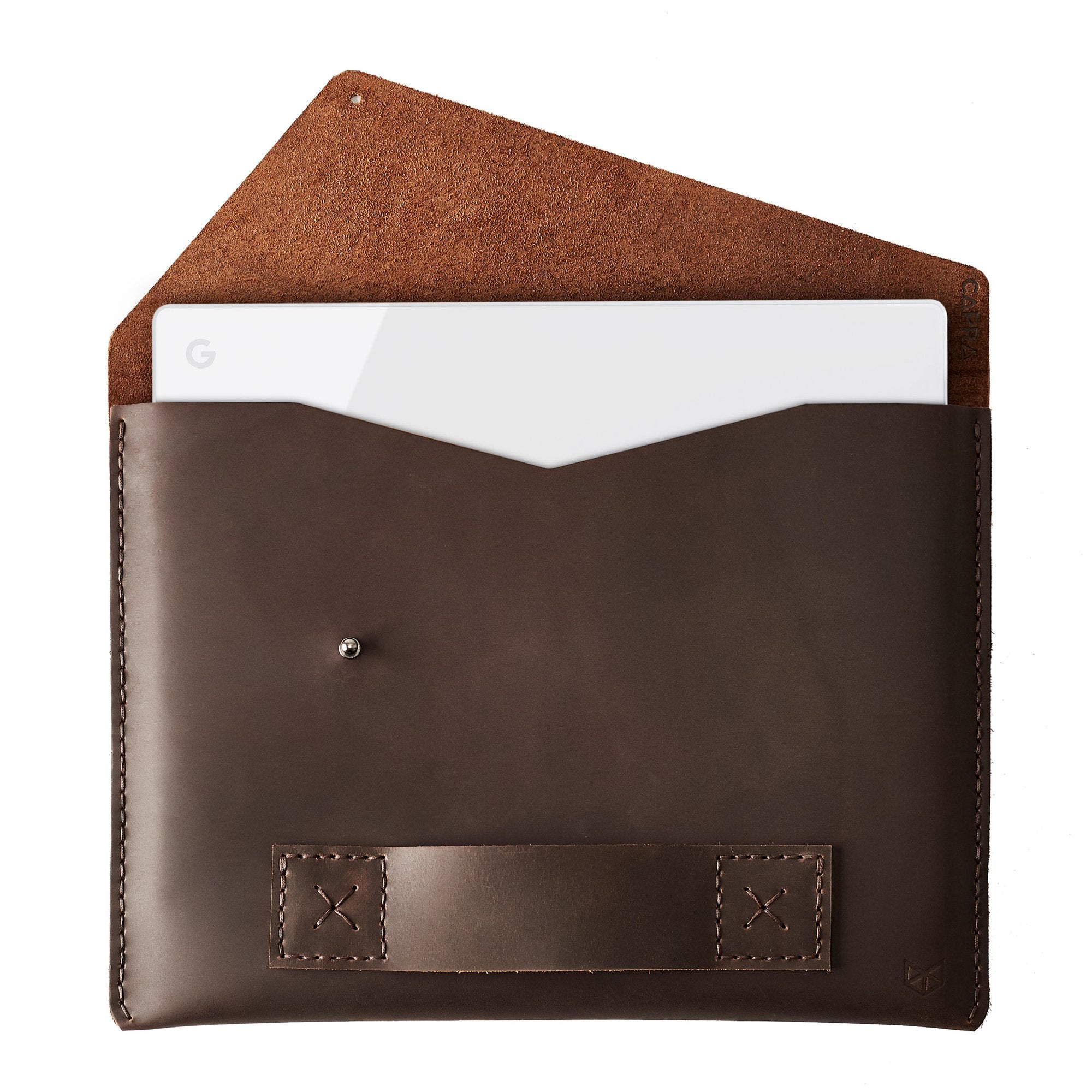 Open. Google Pixelbook brown leather case with pen holder. Pixelbook laptop mens folio