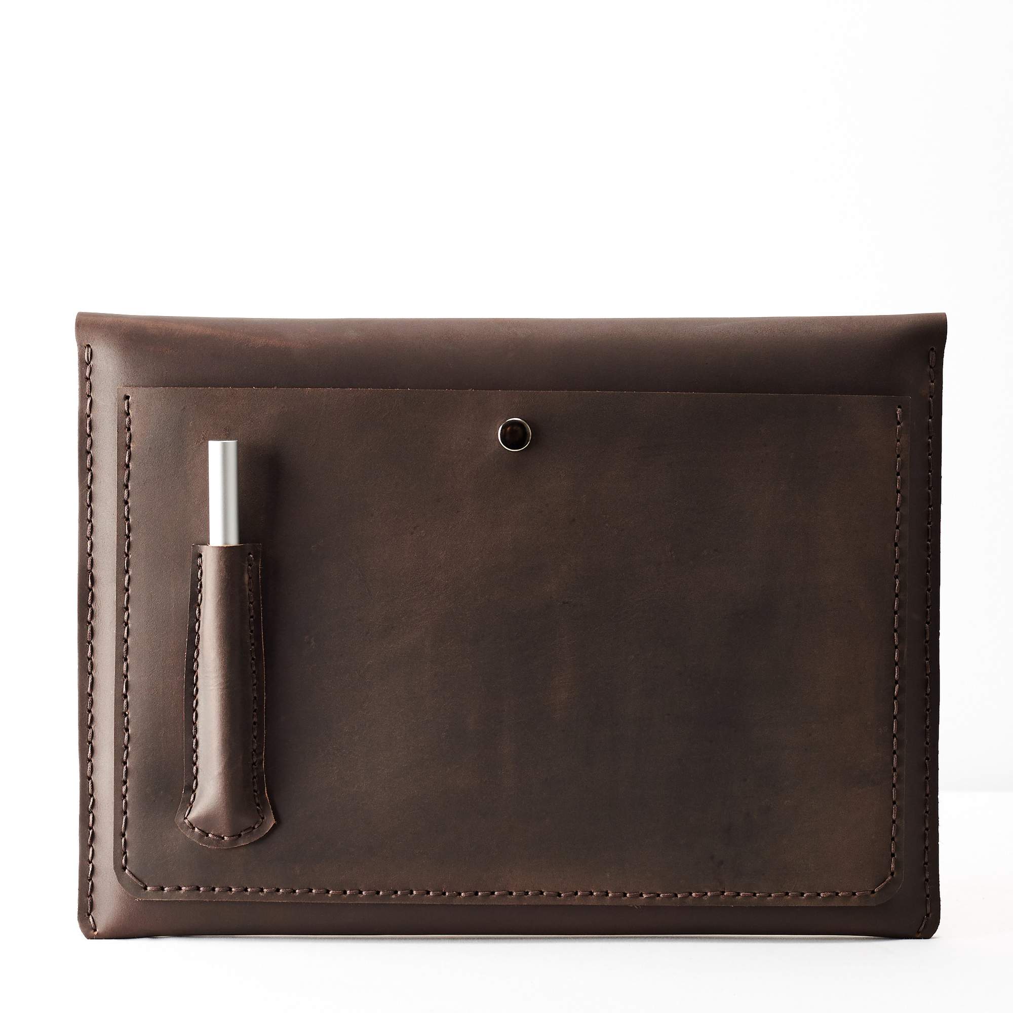 Slim back pocket. Google Pixelbook brown leather case with pen holder. Pixelbook laptop mens folio