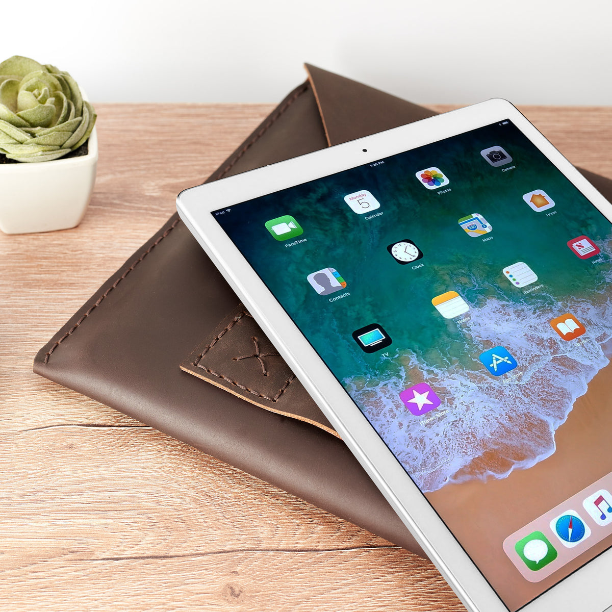 iPad screen. Dark brown iPad pro 12.9 inch leather sleeve. Mens leather iPad case for mens gifts