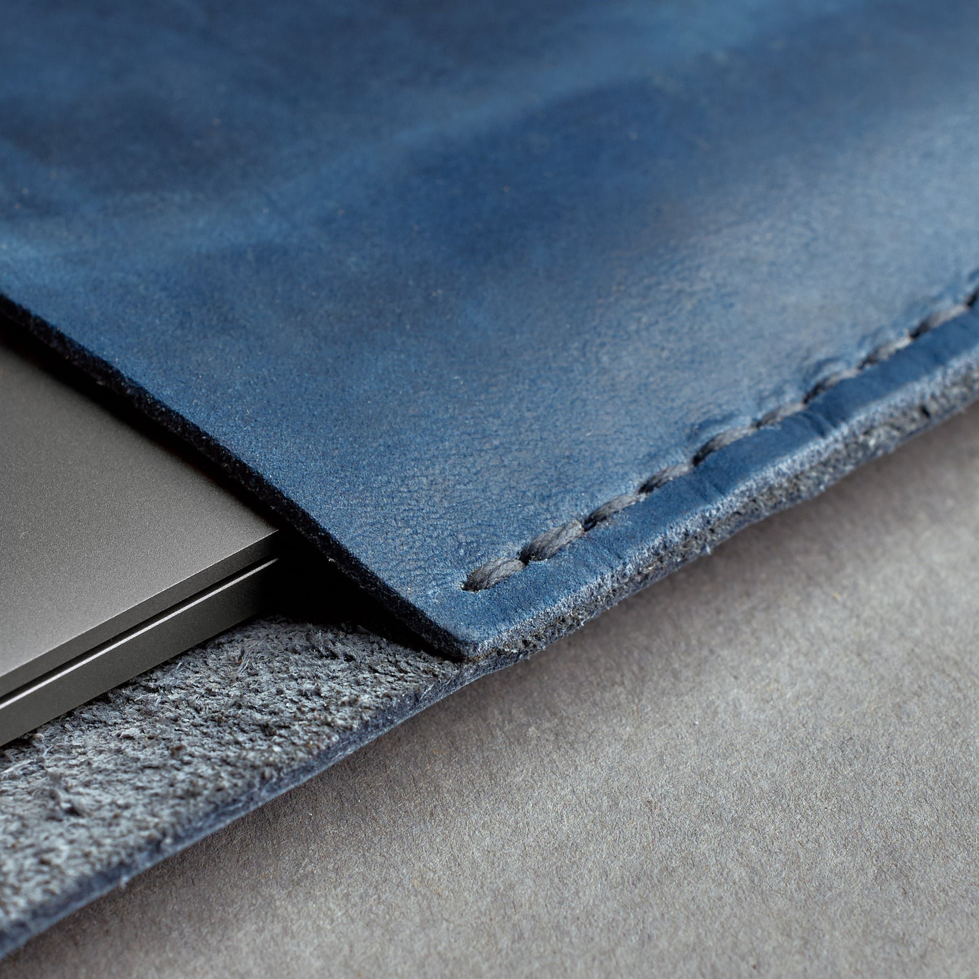 Stitch detail. Navy Leather MacBook Case. MacBook Sleeve by Capra Leather