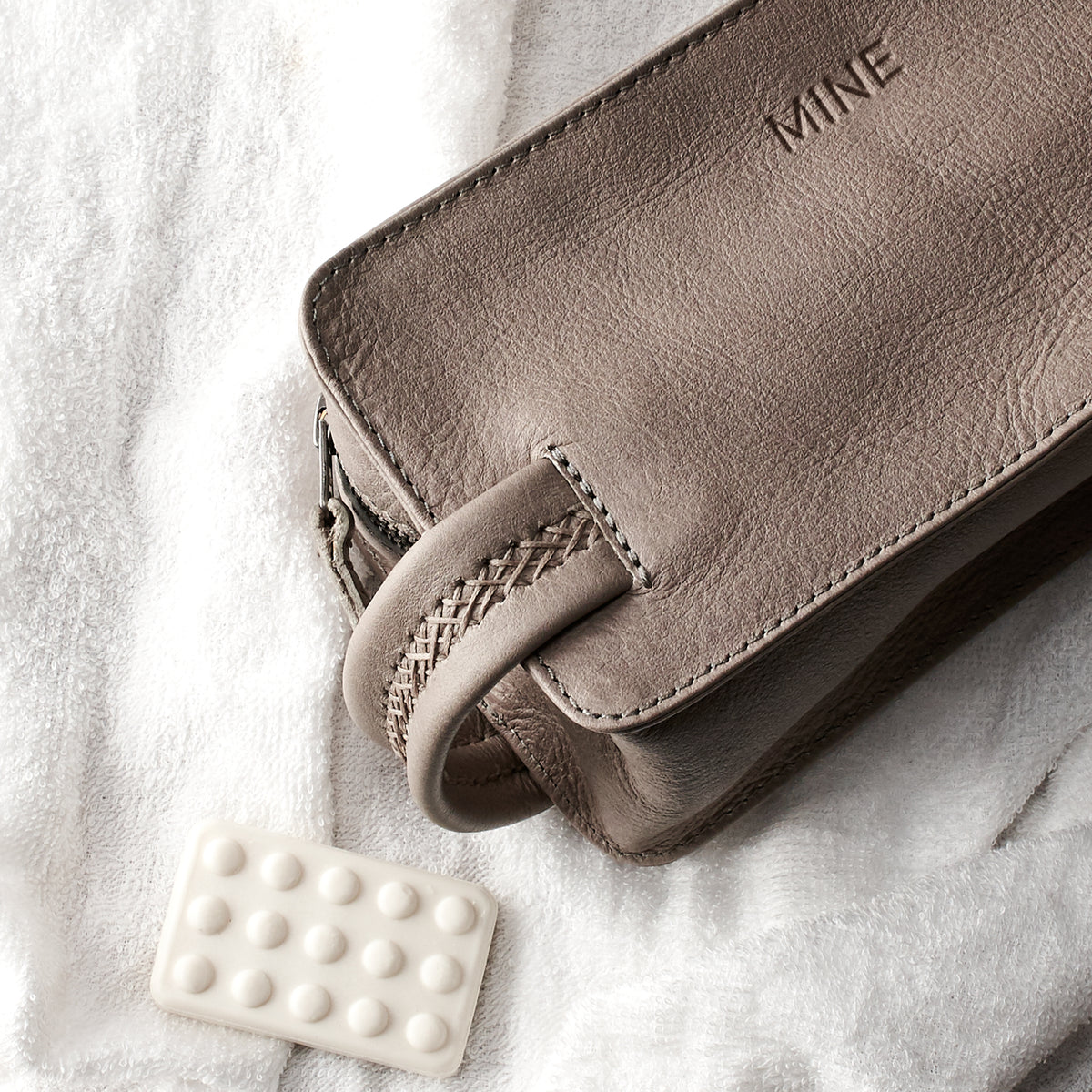 Custom Initials engraving. Grey leather waterproof toiletry bag for travelers. Handmade mens travel dopp kit